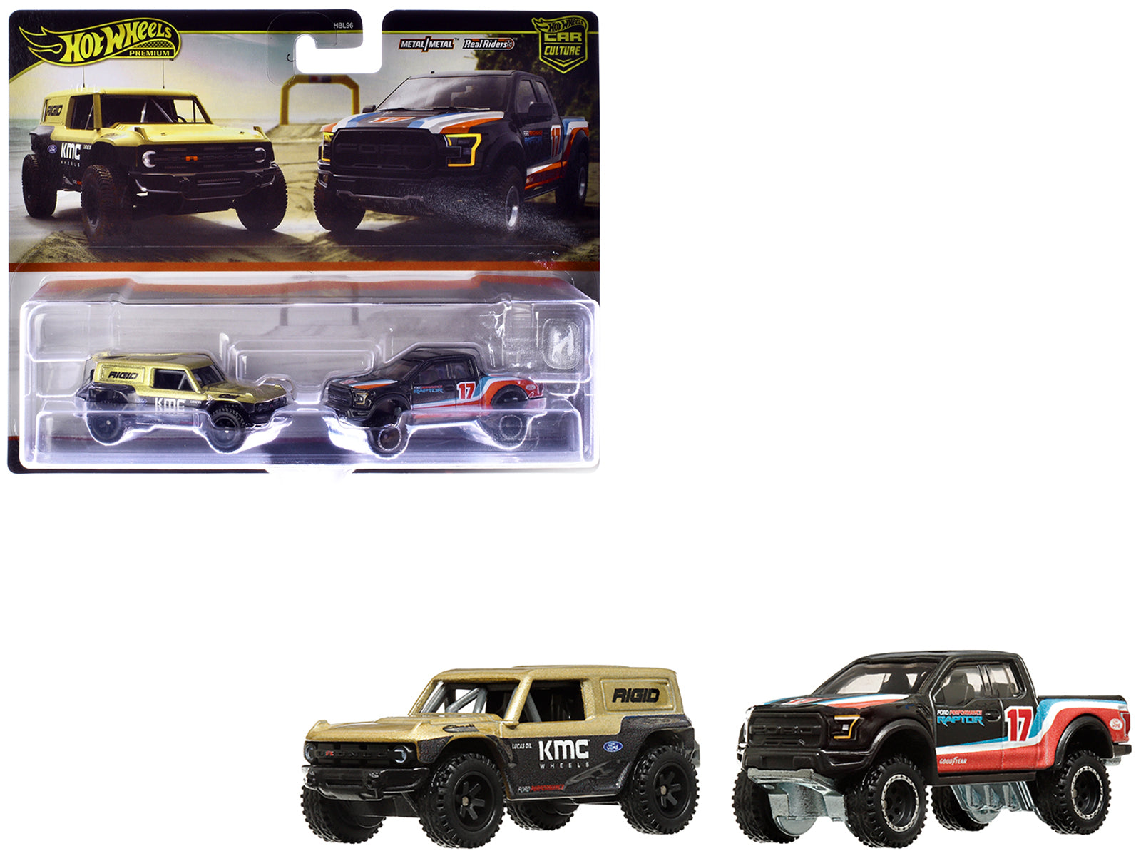 Ford Bronco R Gold Metallic and Black and 2017 Ford F-150 Raptor Pickup Truck #17 Black with Stripes "Car Culture" Set of 2 Cars Diecast Model Cars by Hot Wheels free shipping USA