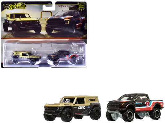 Ford Bronco R Gold Metallic and Black and 2017 Ford F-150 Raptor Pickup Truck #17 Black with Stripes "Car Culture" Set of 2 Cars Diecast Model Cars by Hot Wheels free shipping USA