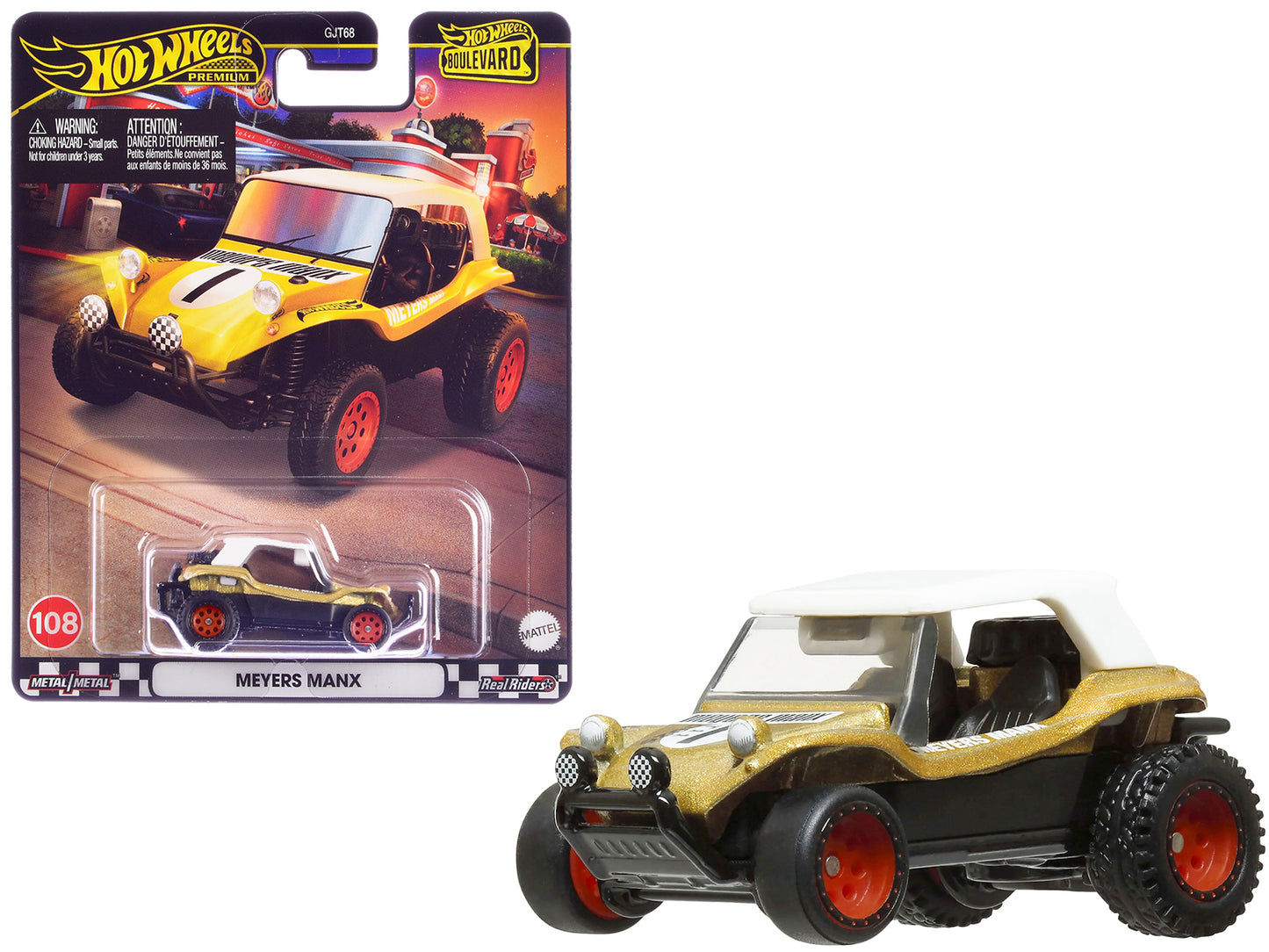 Meyer Manx Dune Buggy #1 Gold Metallic with White Top "Boulevard" Series Diecast Model Car by Hot Wheels - Use code SHOPAPP15 to get 15 percent off
