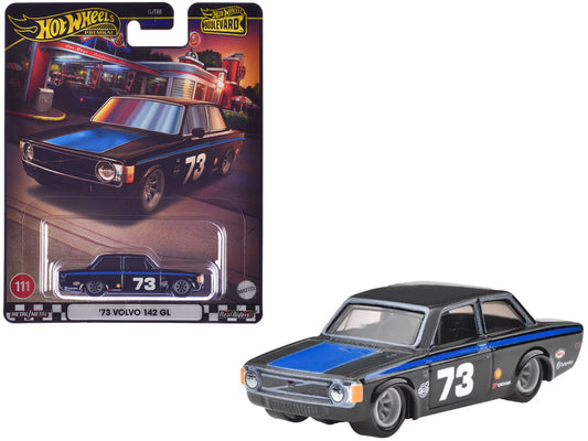 1973 Volvo 142 GL #73 Black with Blue Stripes and Hood "Boulevard" Series Diecast Model Car by Hot Wheels free shipping USA