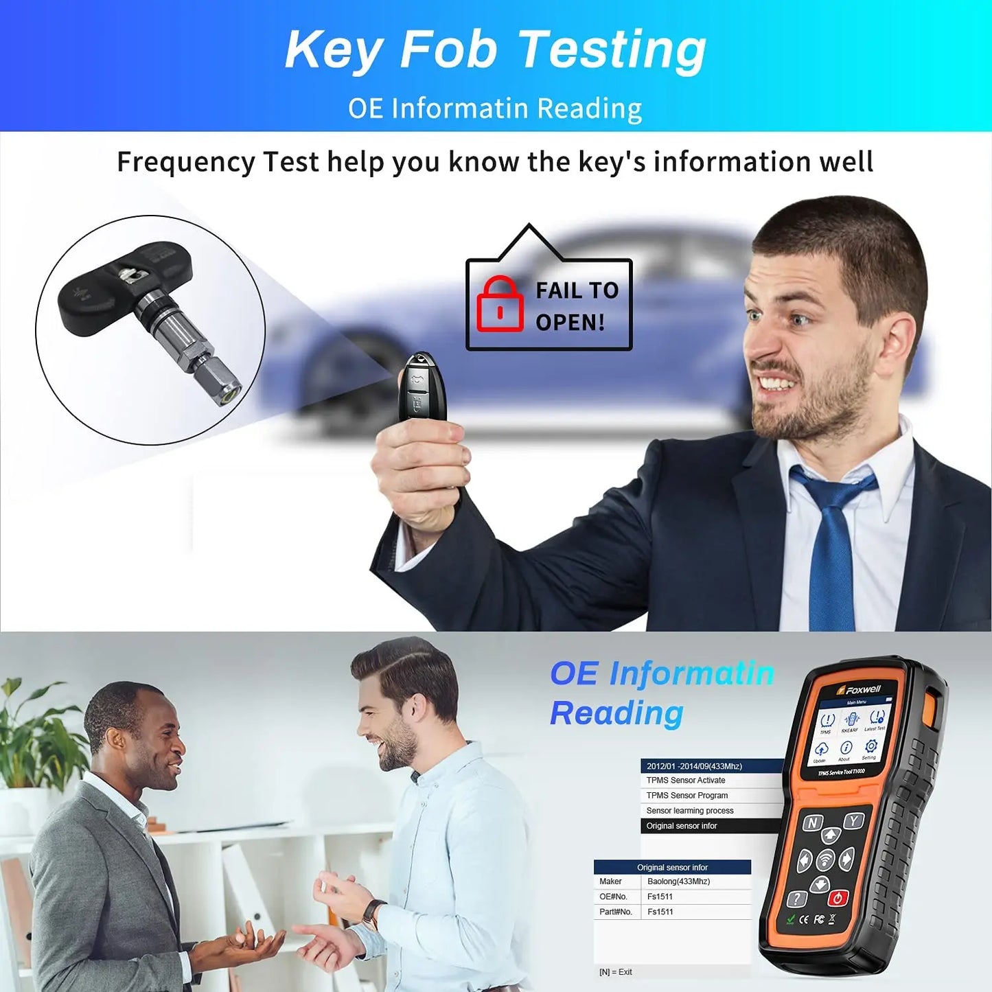 Foxwell T1000 TPMS Tool Tire Pressure Monitoring Sensor Programming Relearning Activation and OBD System Reset Car TPMS Reset