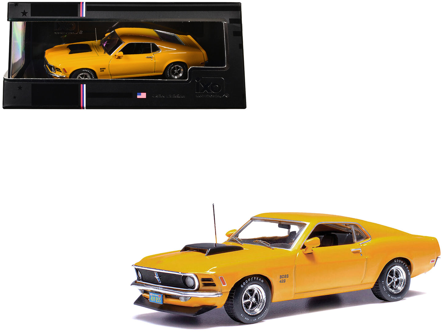 1970 Ford Mustang Boss 429 Bright Yellow with Black Hood Scoop 1/43 Diecast Model Car by IXO Models