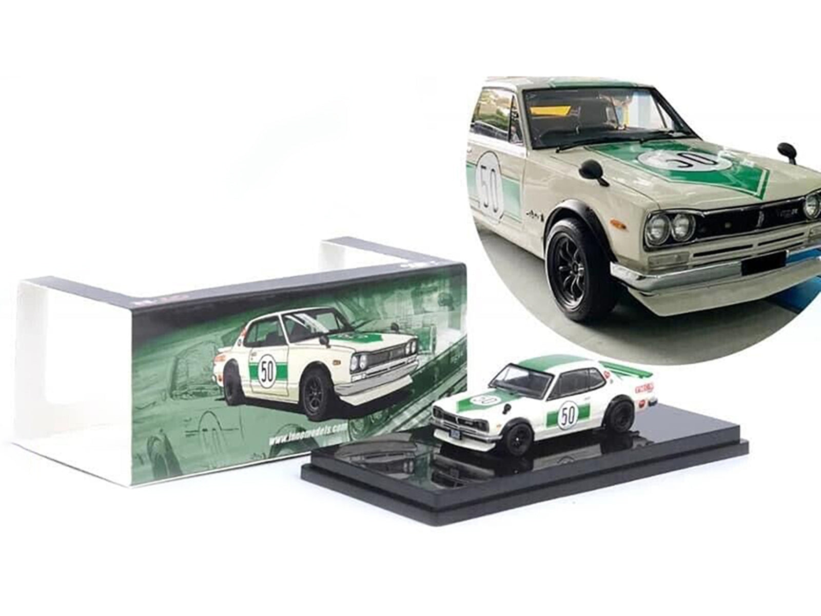 Nissan Skyline 2000 GT-R (KPGC10) #50 RHD (Right Hand Drive) White with Green Stripes "Malaysia Diecast Expo Event Edition" (2023) 1/64 Diecast Model Car by Inno Models - Premium Nissan Models from Inno Models - Just $40.99! Shop now at Rapidvehicles