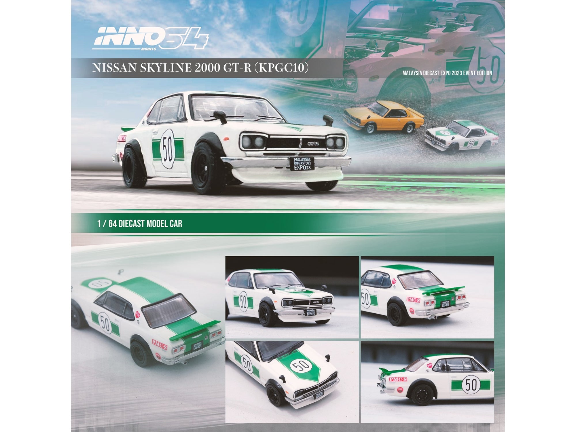 Nissan Skyline 2000 GT-R (KPGC10) #50 RHD (Right Hand Drive) White with Green Stripes "Malaysia Diecast Expo Event Edition" (2023) 1/64 Diecast Model Car by Inno Models - Premium Nissan Models from Inno Models - Just $40.99! Shop now at Rapidvehicles