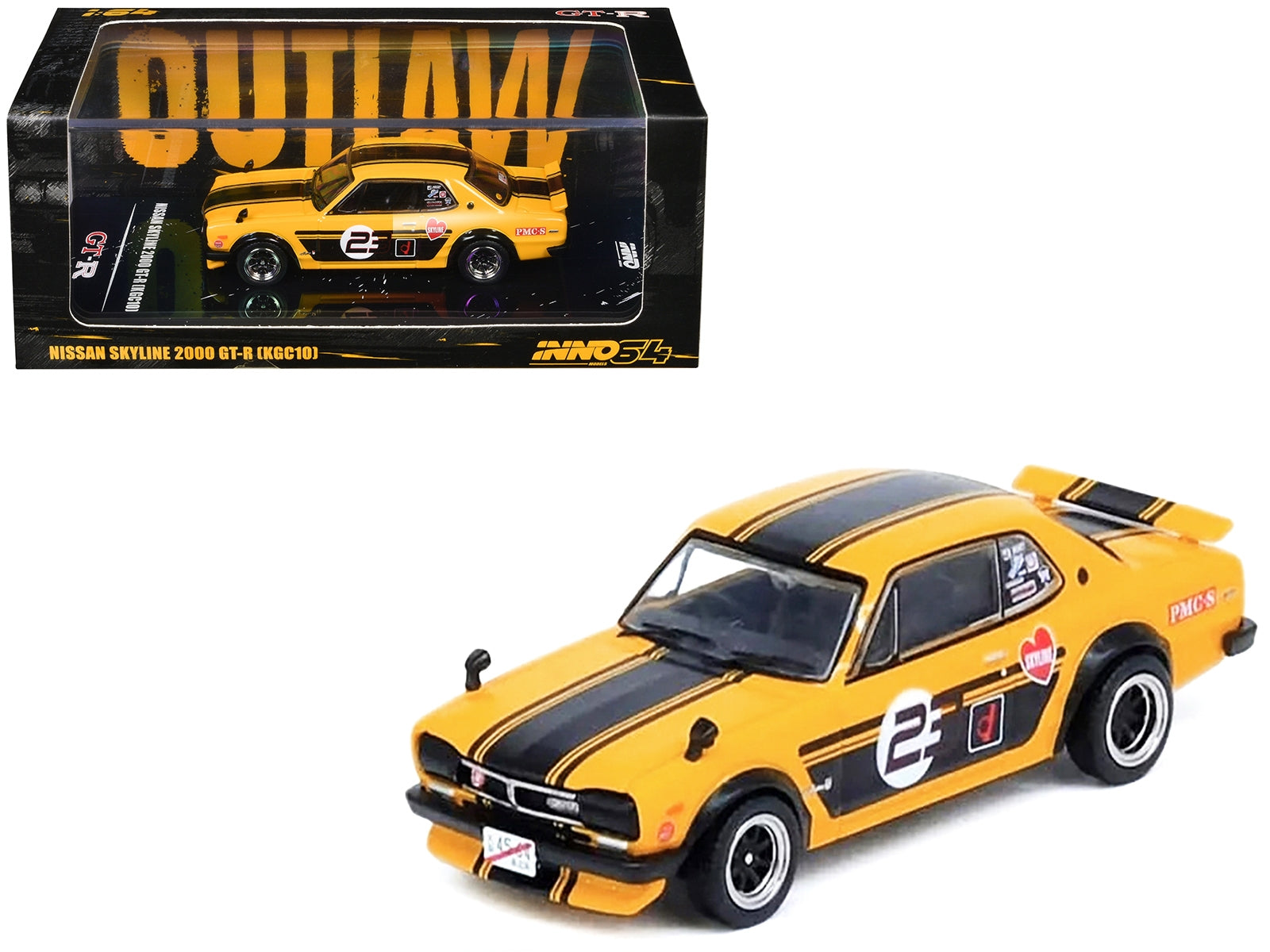 Nissan Skyline 2000 GT-R (KPGC10) RHD (Right Hand Drive) #23 Yellow with Black Stripes "Outlaw" 1/64 Diecast Model Car by Inno Models - Premium Nissan Models from Inno Models - Just $39.99! Shop now at Rapidvehicles