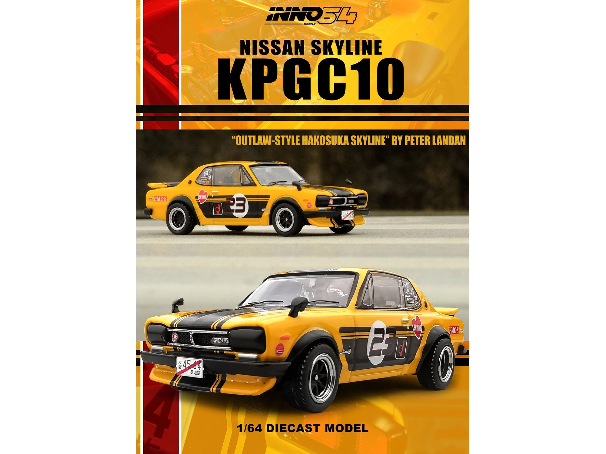 Nissan Skyline 2000 GT-R (KPGC10) RHD (Right Hand Drive) #23 Yellow with Black Stripes "Outlaw" 1/64 Diecast Model Car by Inno Models - Premium Nissan Models from Inno Models - Just $39.99! Shop now at Rapidvehicles