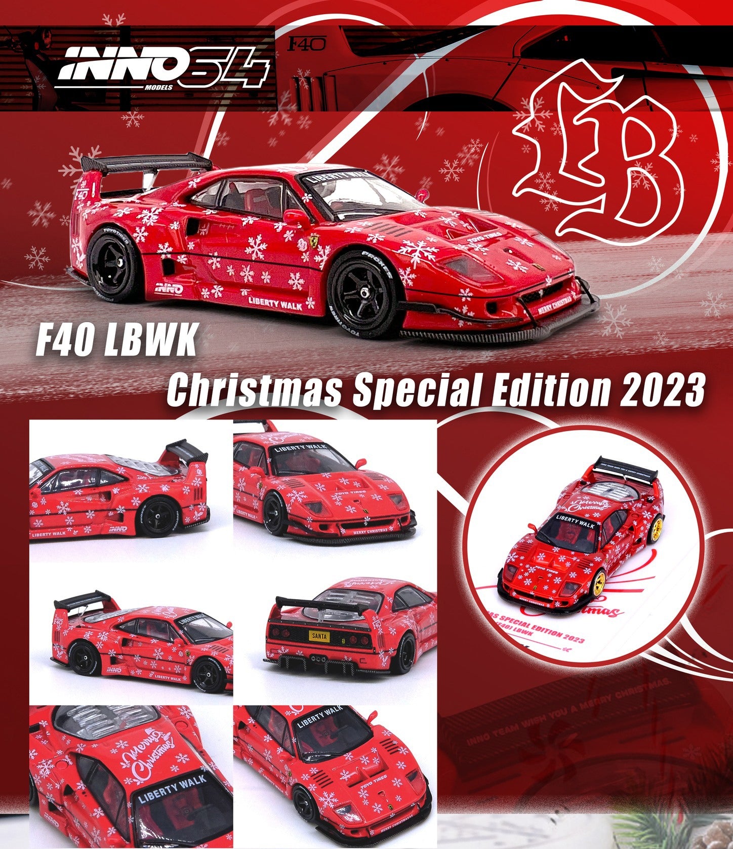 LBWK (Liberty Walk) F40 Red with Graphics "Christmas 2023 Special Edition" 1/64 Diecast Model Car by Inno Models