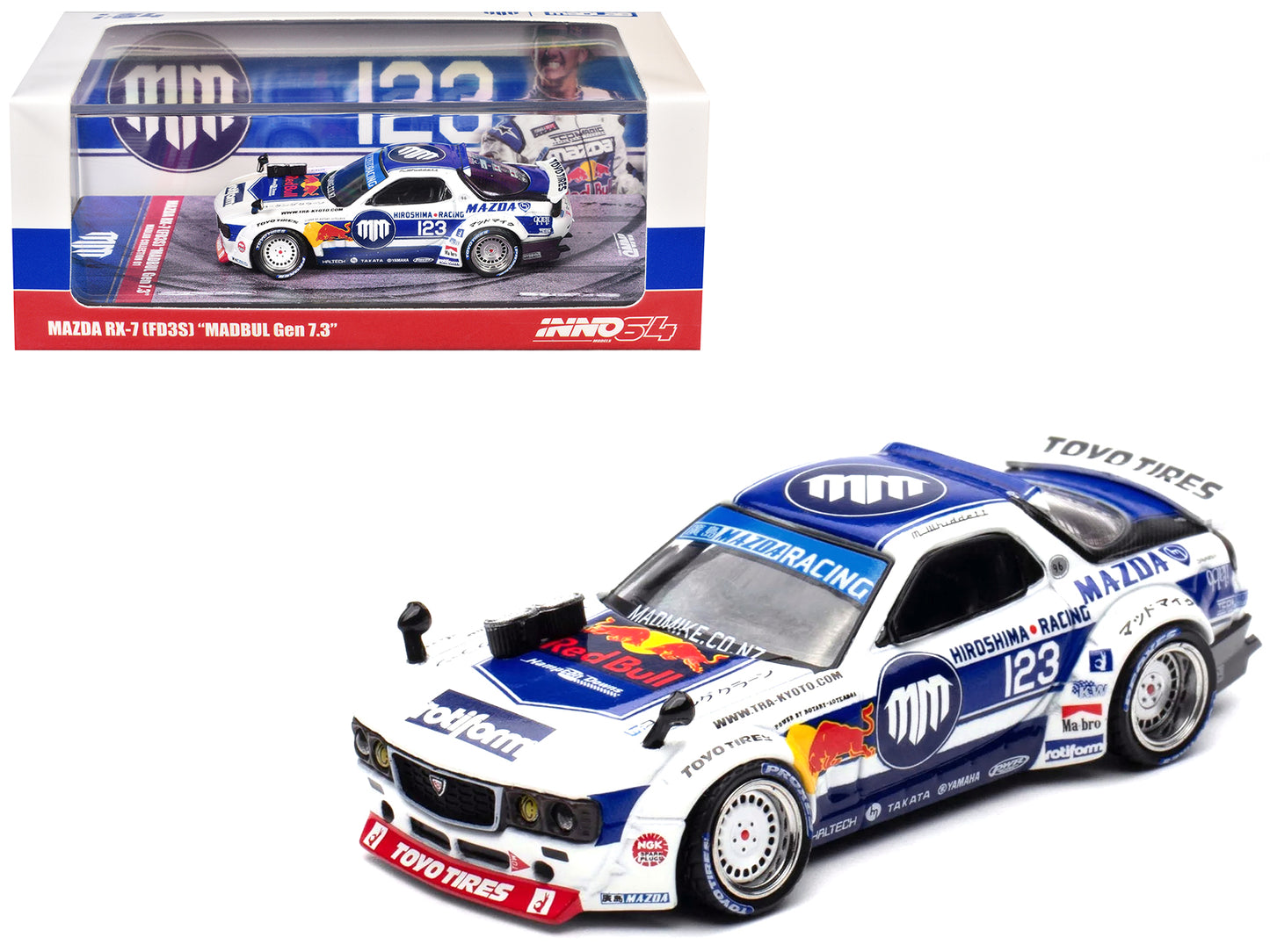 Mazda RX-7 (FD3S) RHD (Right Hand Drive) #123 "Pandem Rocket Bunny MADBUL Gen 7.3" White and Blue with Graphics "MadLab Collection 01" 1/64 Diecast Model Car by Inno Models