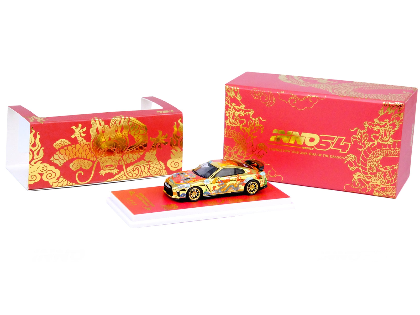 Nissan GT-R (R35) RHD (Right Hand Drive) Gold Metallic with Graphics "Year of the Dragon - 2024 Chinese New Year Special Edition" 1/64 Diecast Model Car by Inno Models - Premium Nissan Models from Inno Models - Just $49.29! Shop now at Rapidvehicles