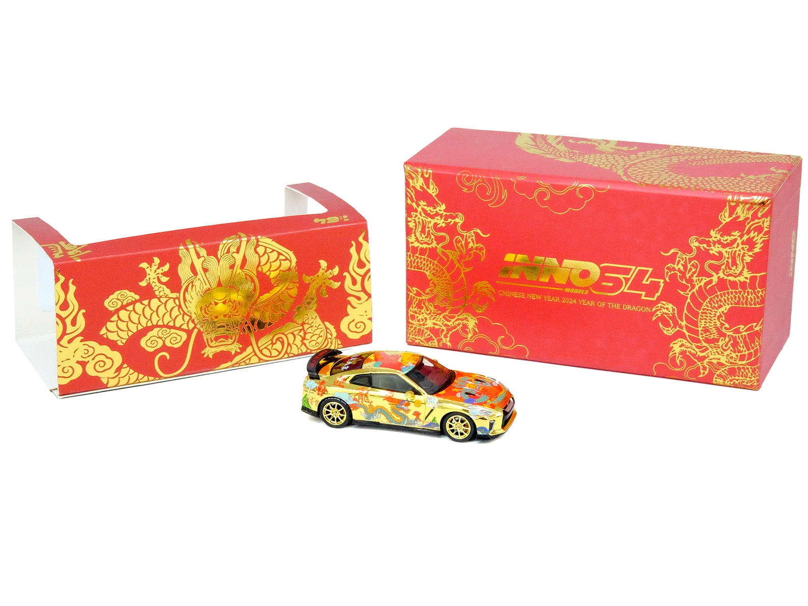 Nissan GT-R (R35) RHD (Right Hand Drive) Gold Metallic with Graphics "Year of the Dragon - 2024 Chinese New Year Special Edition" 1/64 Diecast Model Car by Inno Models - Premium Nissan Models from Inno Models - Just $49.29! Shop now at Rapidvehicles