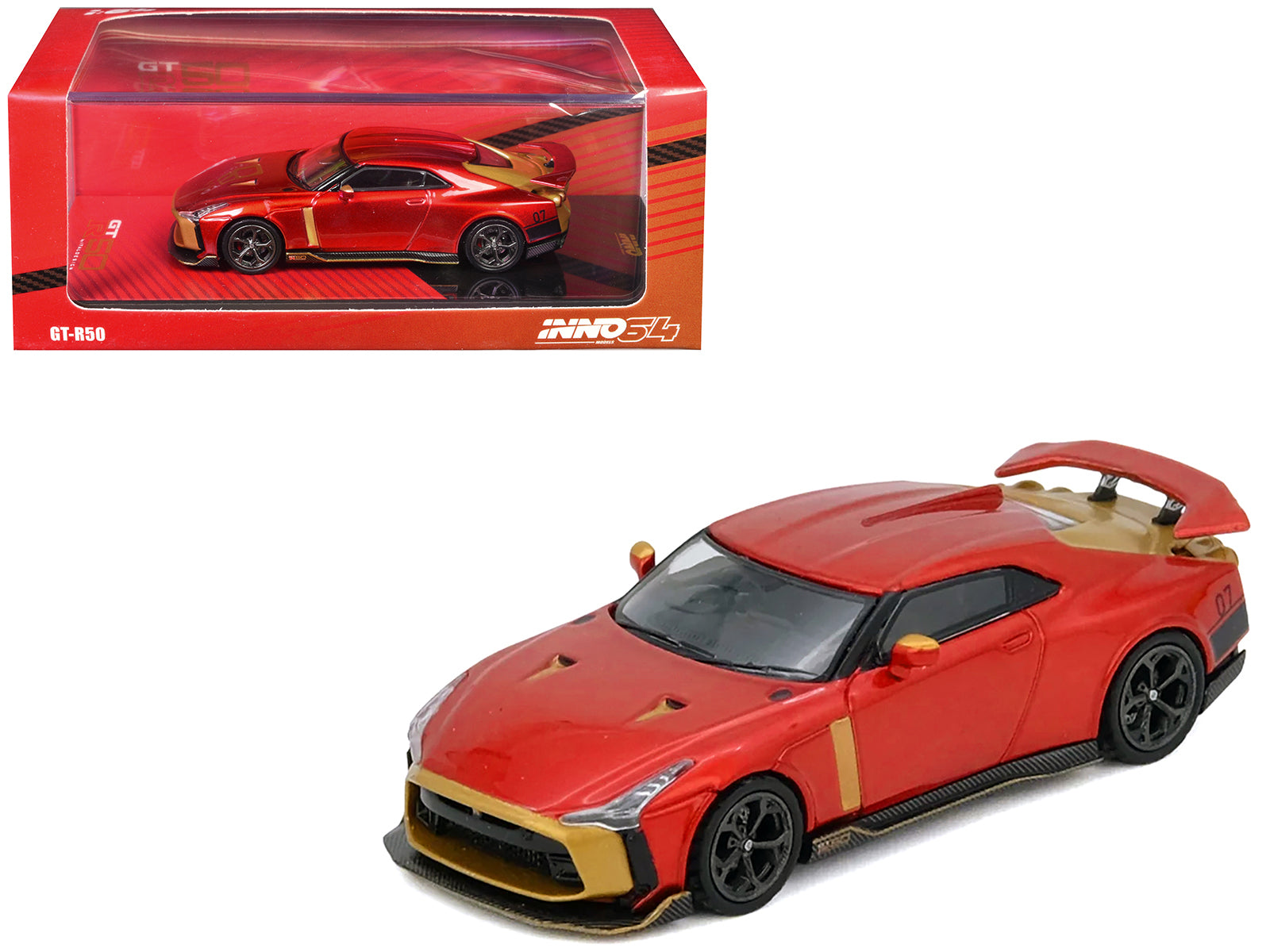 Nissan GT-R50 By ItalDesign Red Metallic with Gold Accents 1/64 Diecast Model Car by Inno Models free shipping USA