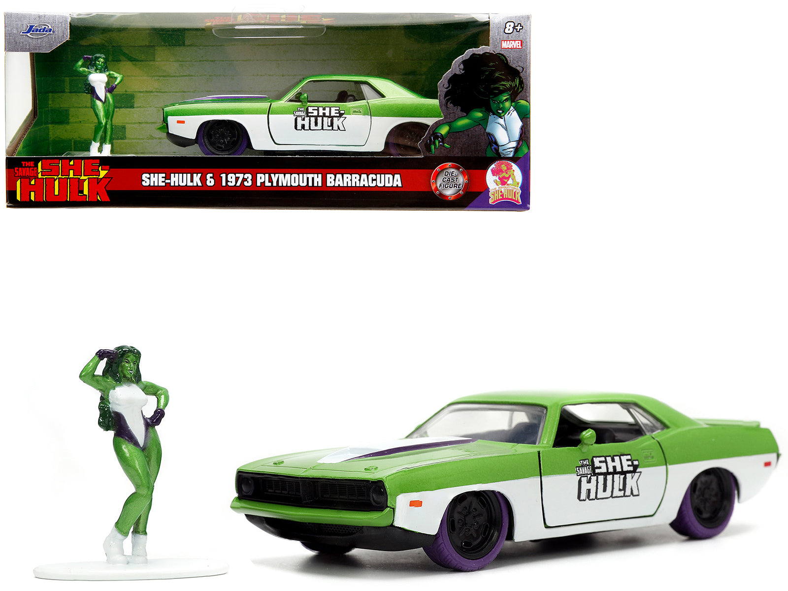1973 Plymouth Barracuda Green Metallic and White and She-Hulk Diecast Figure "The Savage She-Hulk" "Hollywood Rides" Series 1/32 Diecast Model Car by Jada free shipping USA