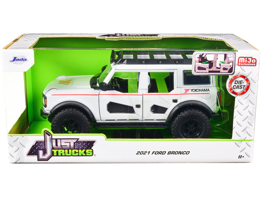 2021 Ford Bronco White with Red Stripes and Roof Rack "Yokohama Tires" "Just Trucks" Series 1/24 Diecast Model Car by Jada free shipping USA