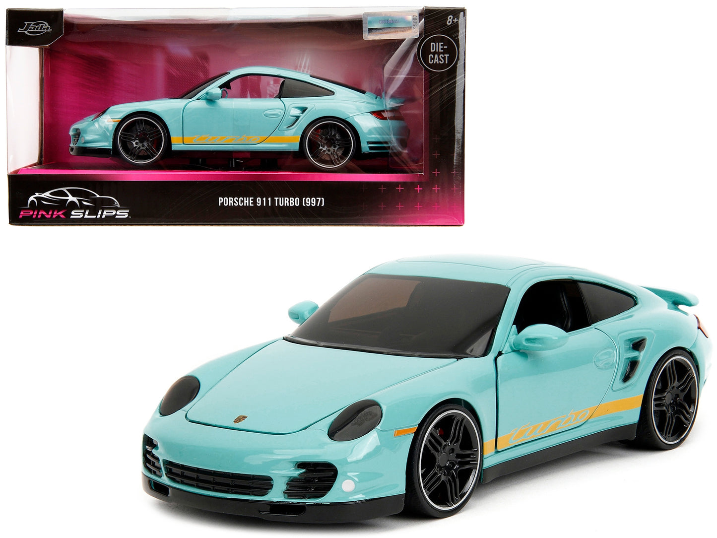 Porsche 911 Turbo (997) Light Blue with Yellow Stripes "Pink - Premium Porsche Models from Jada - Just $51.46! Shop now at Rapidvehicles