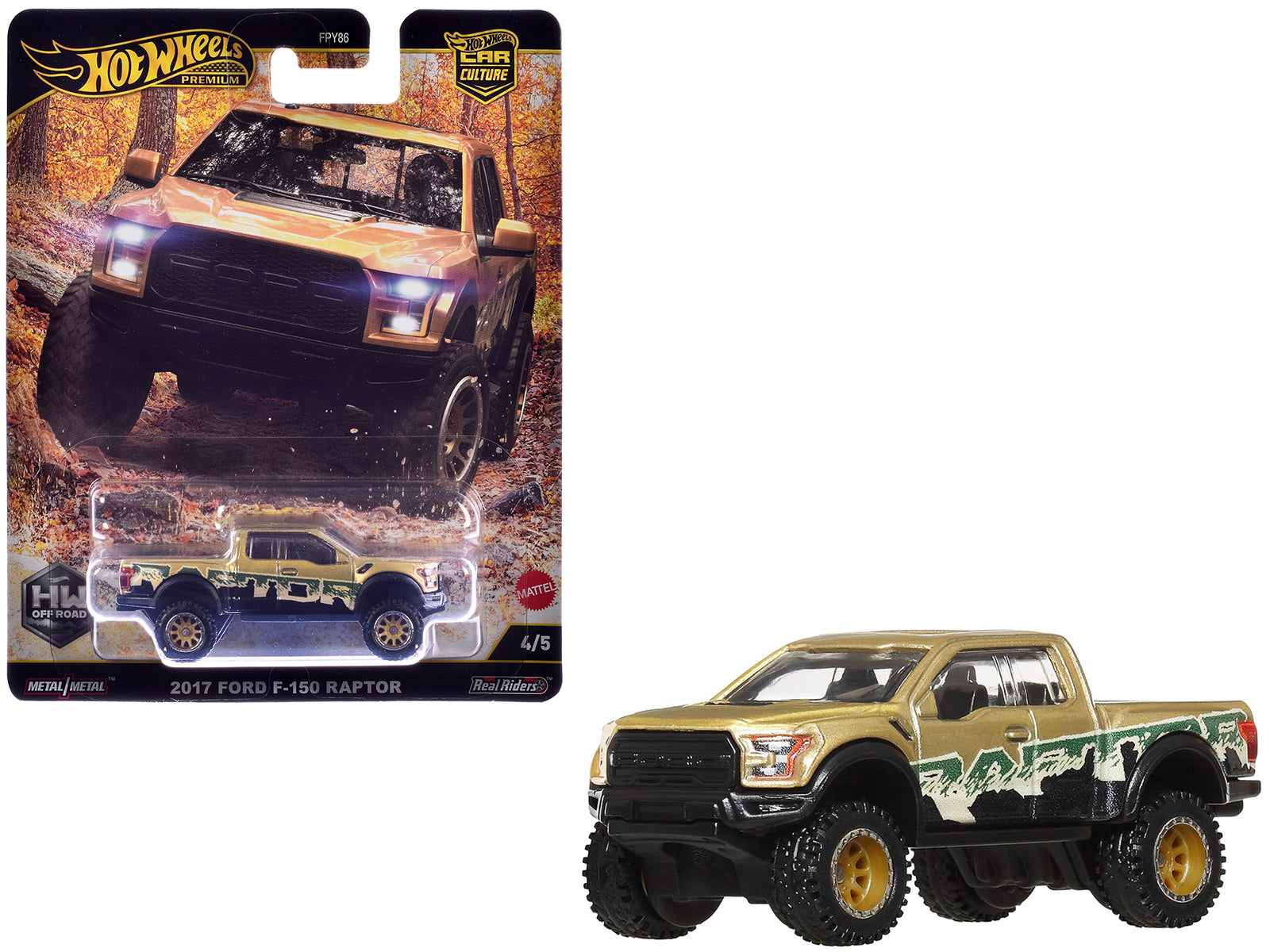 2017 Ford F-150 Raptor Pickup Truck Gold Metallic with Graphics "HW Off Road" Series Diecast Model Car by Hot Wheels free shipping USA