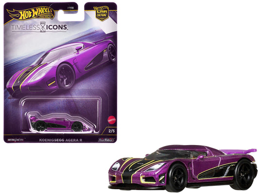 Koenigsegg Agera R Purple Metallic with Black and Yellow Stripes "Timeless Icons" Series Diecast Model Car by Hot Wheels