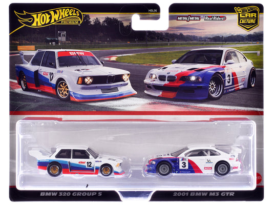BMW 320 Group 5 #12 White with Stripes and 2001 BMW M3 GTR #3 White with Stripes "Car Culture" Set of 2 Cars Diecast Model Cars by Hot Wheels - Use code SHOPAPP15 to get 15 percent off