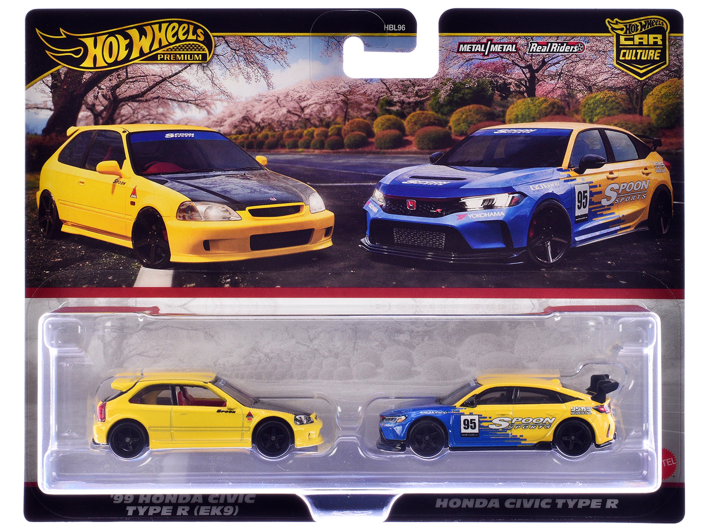 1999 Honda Civic Type R (EK9) RHD (Right Hand Drive) Yellow with Red Interior and Honda Civic Type R #95 "Spoon Sports" Blue and Yellow "Car Culture" Set of 2 Cars Diecast Model Cars by Hot Wheels
