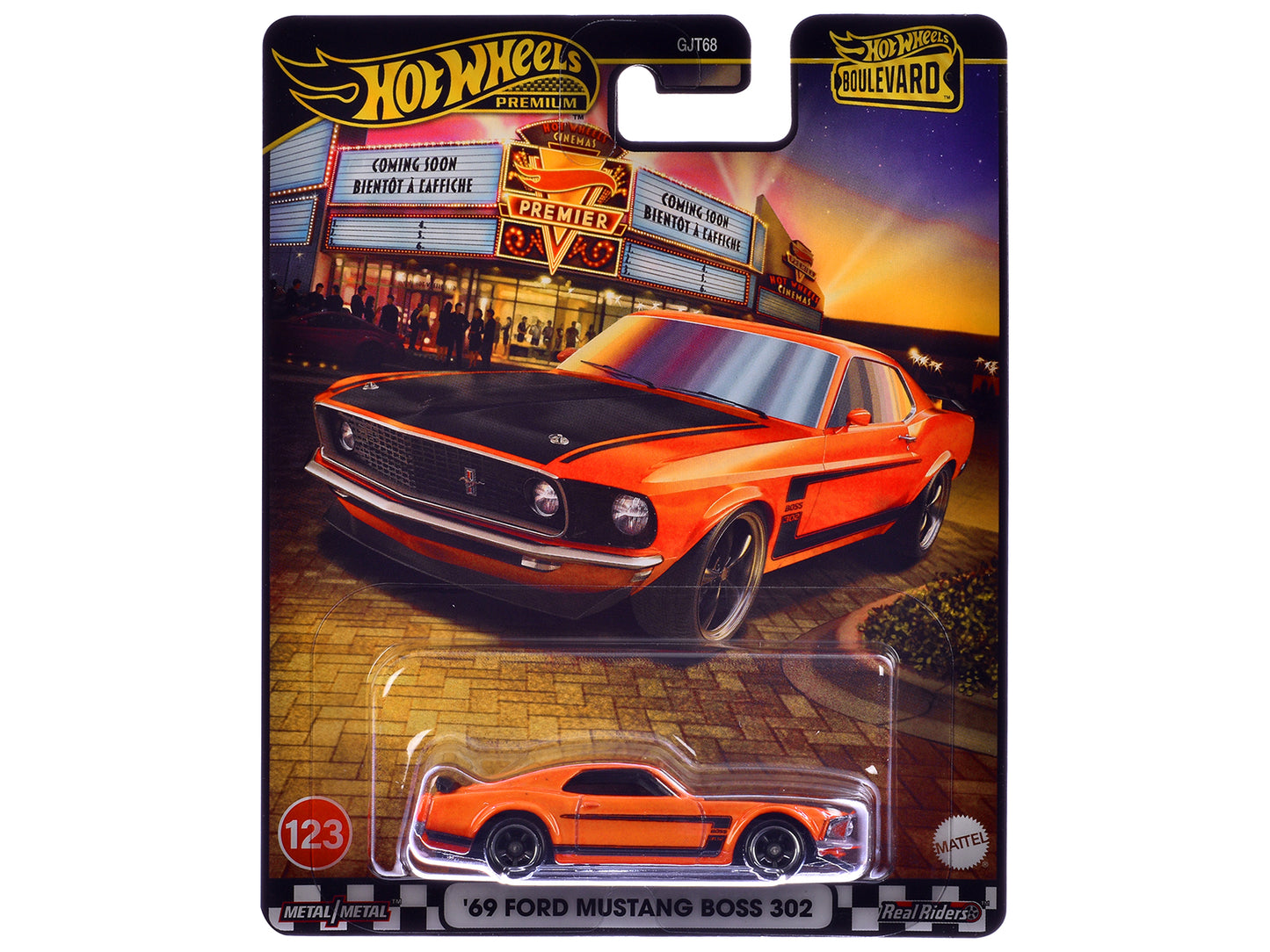 1969 Ford Mustang Boss 302 Orange with Black Stripes and Hood "Boulevard" Series Diecast Model Car by Hot Wheels - Use code SHOPAPP15 to get 15 percent off