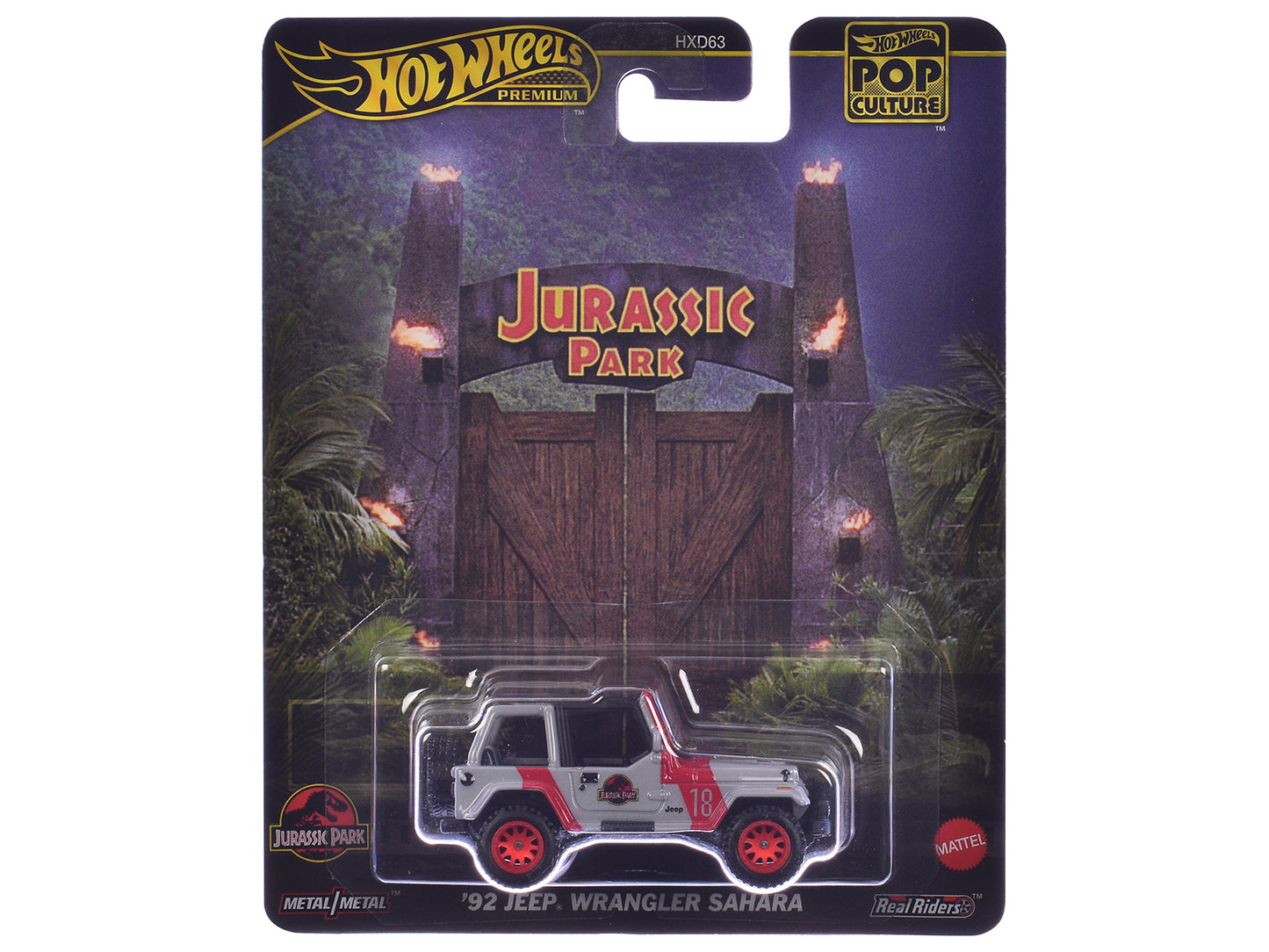 1992 Jeep Wrangler Sahara Gray with Red Stripes "Jurassic Park" (1993) Movie "Pop Culture" Series Diecast Model Car by Hot Wheels