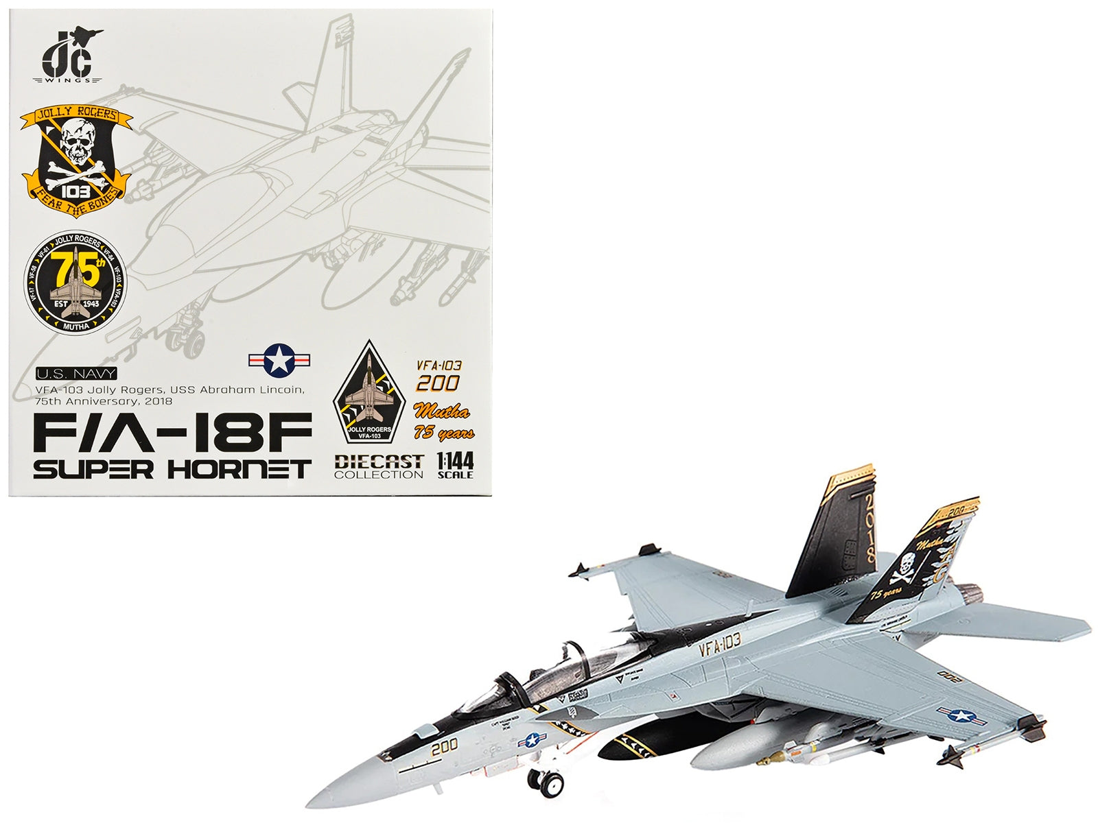 Boeing F/A-18F Super Hornet Fighter Aircraft "VFA-103 Jolly Rogers Squadron 75th Anniversary USS Abraham Lincoln" (2018) United States Navy 1/144 Diecast Model by JC Wings - Premium Boeing from JC Wings - Just $79.99! Shop now at Rapidvehicles