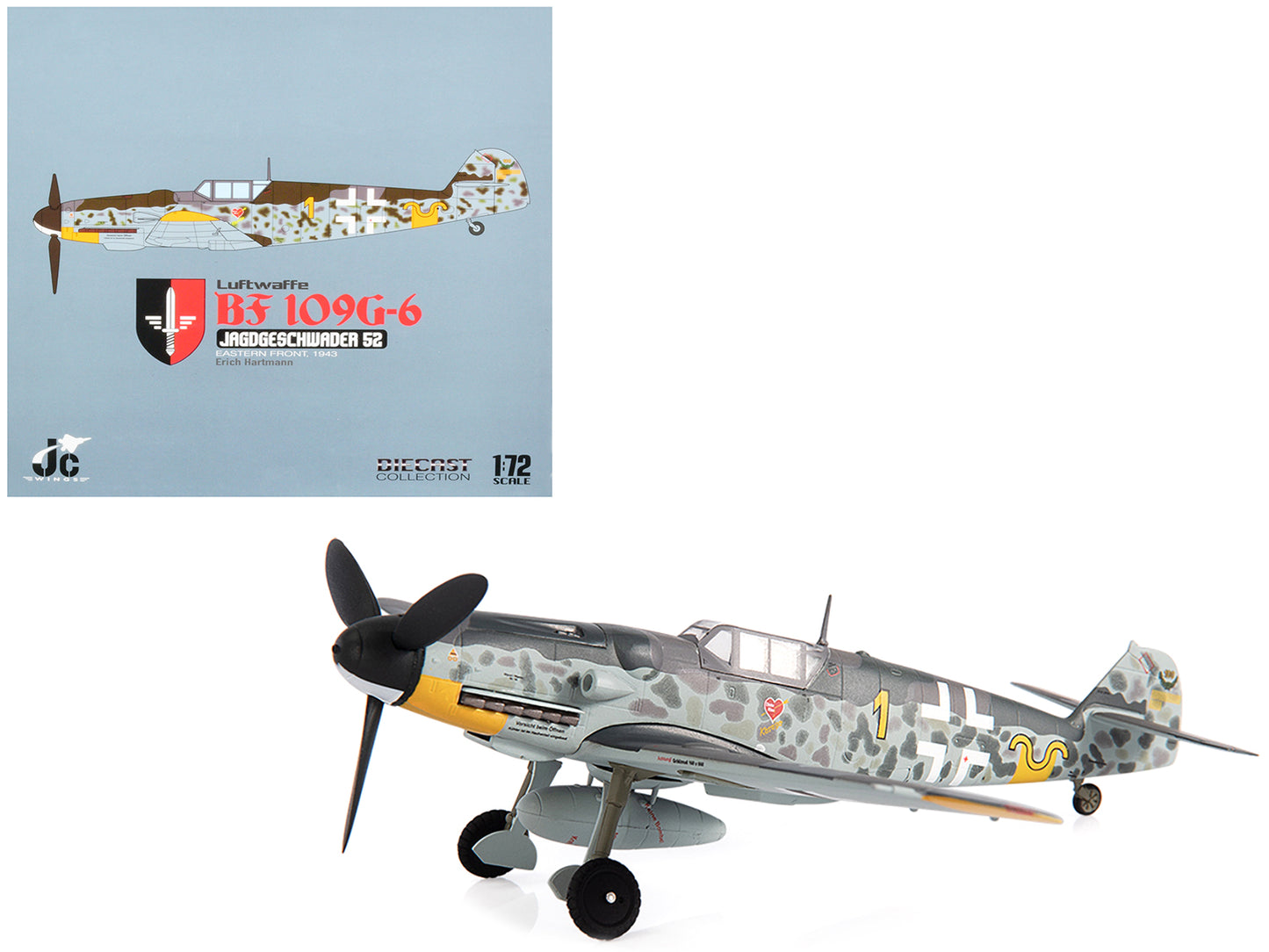 Messerschmitt Luftwaffe BF 109G-6 Fighter Plane "Jagdgeschwader 52 Eastern Front 1943 Erich Hartmann" with Display Stand Limited Edition to 600 pieces Worldwide 1/72 Diecast Model by JC Wings - Use code SHOPAPP15 to get 15 percent off