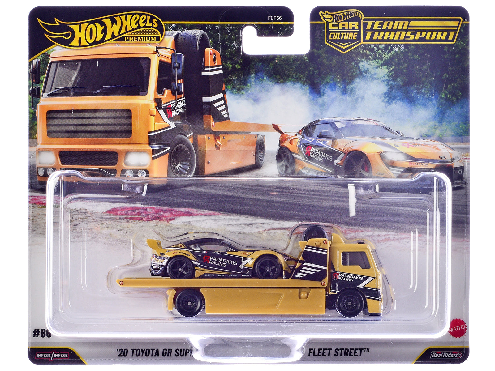 Fleet Street Flatbed Truck Yellow with Graphics and 2020 Toyota GR Supra #15 Yellow with Black Graphics "Papadakis Racing" "Team Transport - Car Culture" Series Diecast Model Cars by Hot Wheels free shipping USA