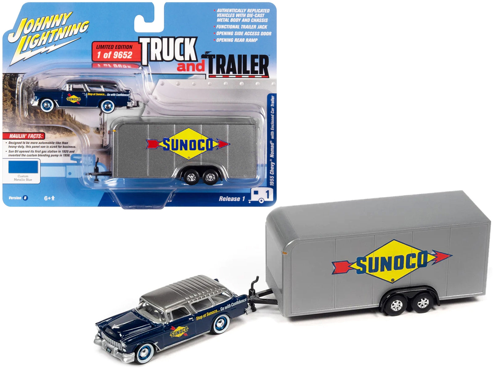 1955 Chevrolet Nomad "Sunoco" Blue Metallic with Gray Top with Enclosed Car Trailer Limited Edition to 9652 pieces Worldwide "Truck and Trailer" Series 1/64 Diecast Model Car by Johnny Lightning - Premium 1/64 Scale Sets from Johnny Lightning - Just $45.87! Shop now at Rapidvehicles