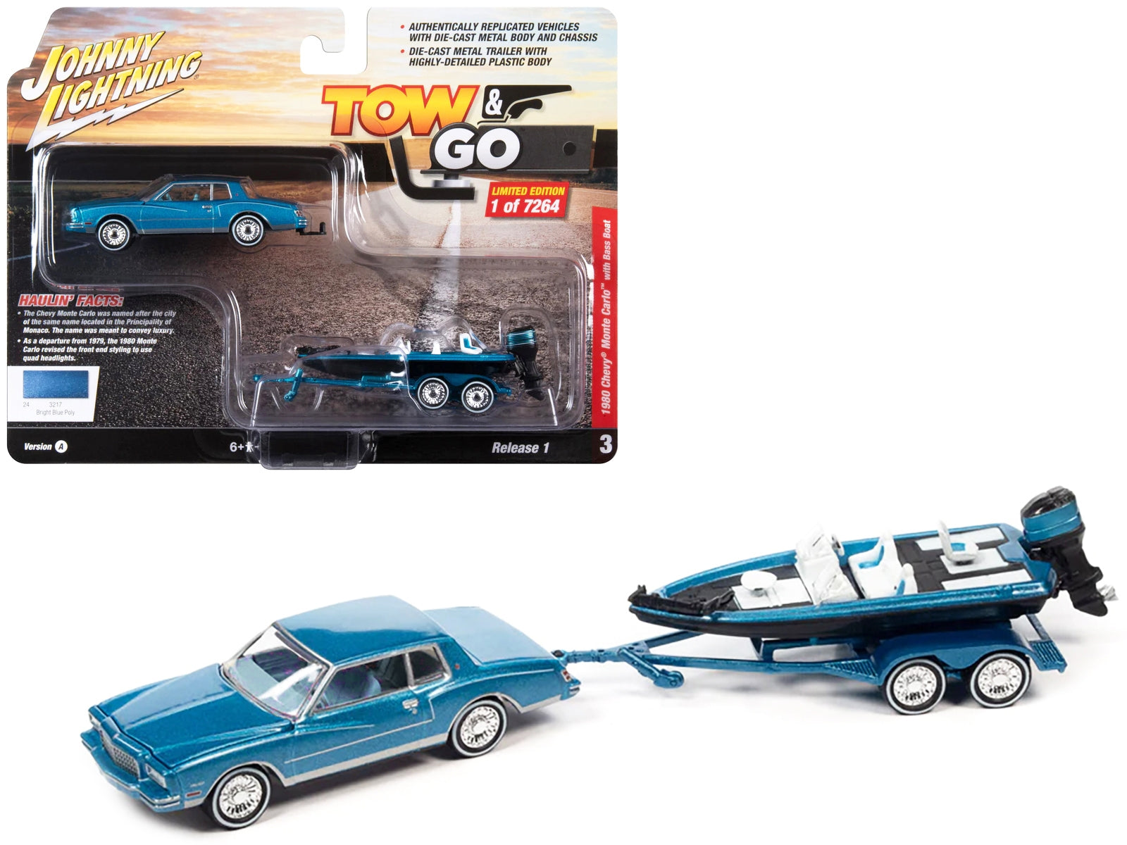 1980 Chevrolet Monte Carlo Bright Blue Metallic with Blue Interior with Bass Boat and Trailer Limited Edition to 7264 pieces Worldwide "Tow & Go" Series 1/64 Diecast Model Car by Johnny Lightning - Premium 1/64 Scale Sets from Johnny Lightning - Just $45.87! Shop now at Rapidvehicles