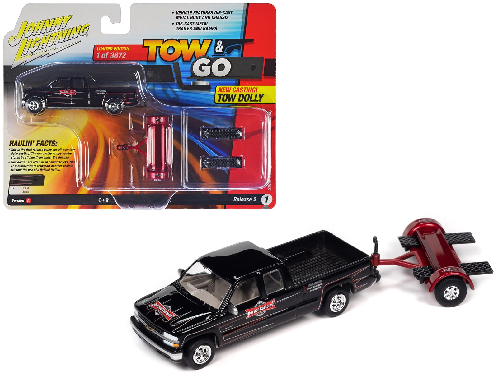 2002 Chevrolet Silverado Pickup Truck Black with Graphics "Hot Rod Customs" and Tow Dolly Red "Tow & Go" Series Limited Edition to 3672 pieces Worldwide 1/64 Diecast Model Car by Johnny Lightning - Premium 1/64 Scale Sets from Johnny Lightning - Just $45.87! Shop now at Rapidvehicles