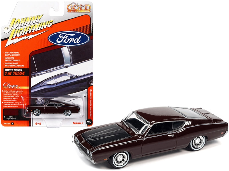 1969 Ford Torino Talladega Royal Maroon with Matt Black Hood - Premium Ford Models from Johnny Lightning - Just $21.93! Shop now at Rapidvehicles