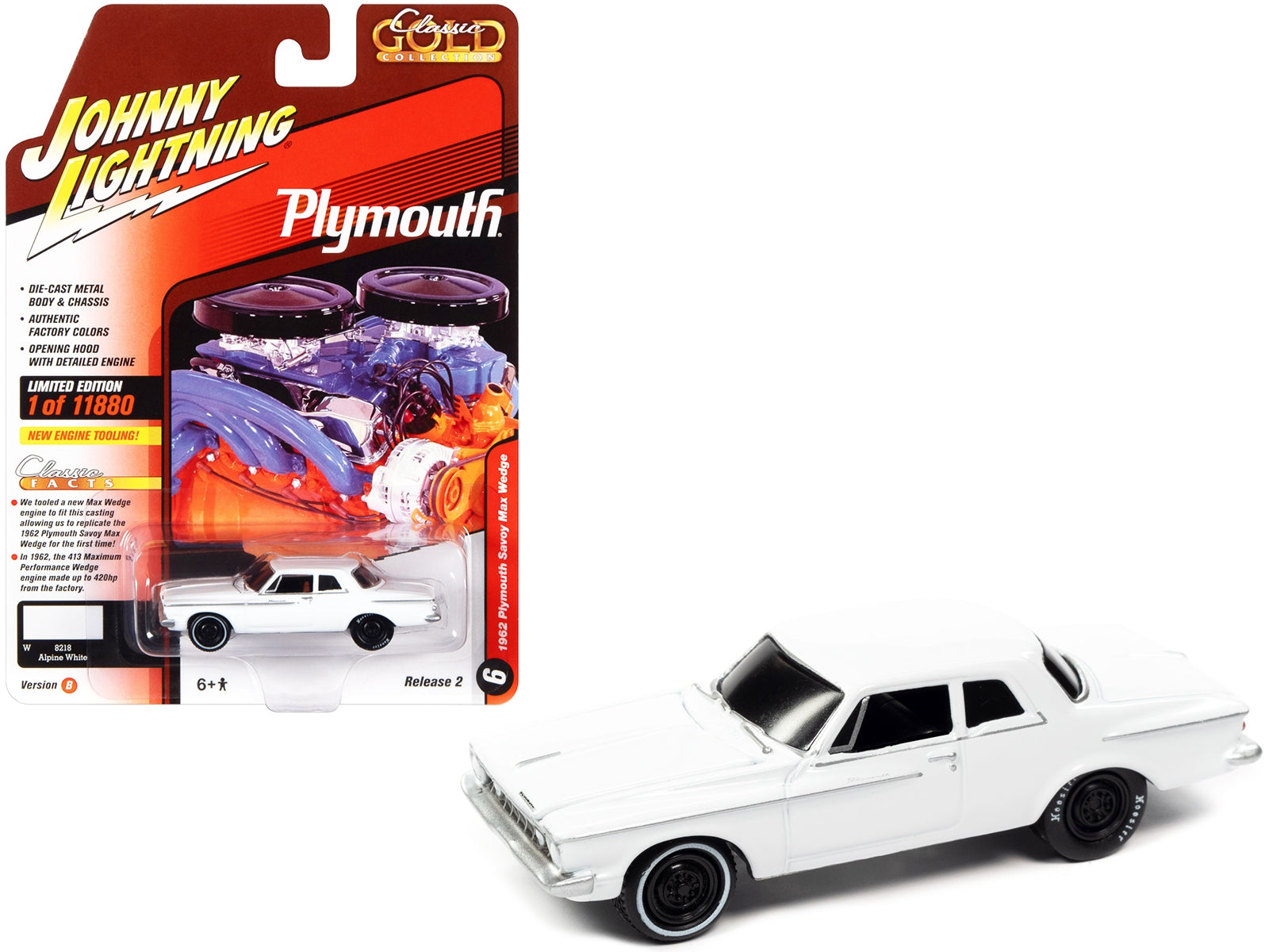 1962 Plymouth Savoy Max Wedge Alpine White "Classic Gold - Premium Plymouth Models from Johnny Lightning - Just $23.99! Shop now at Rapidvehicles