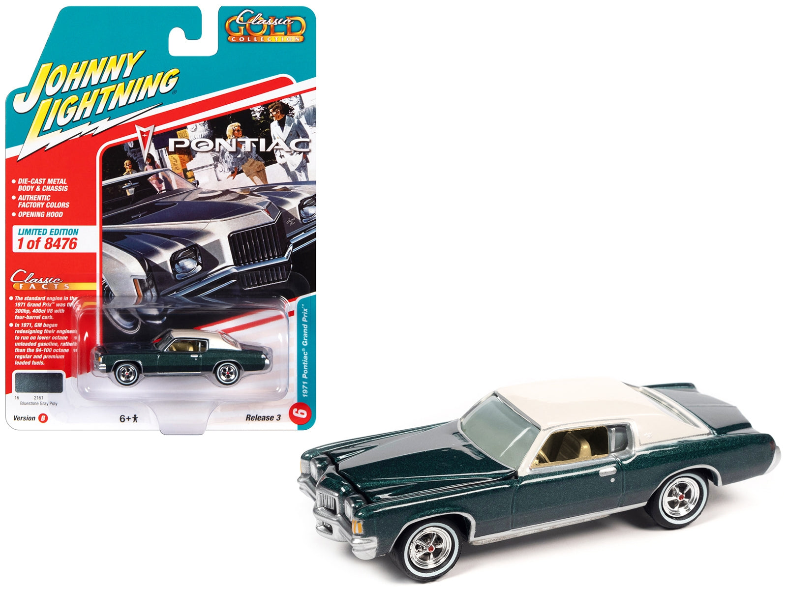 1971 Pontiac Grand Prix Bluestone Gray Metallic with White Top "Classic Gold Collection" Series Limited Edition to 8476 pieces Worldwide 1/64 Diecast Model Car by Johnny Lightning - Premium Pontiac Models from Johnny Lightning - Just $18.75! Shop now at Rapidvehicles