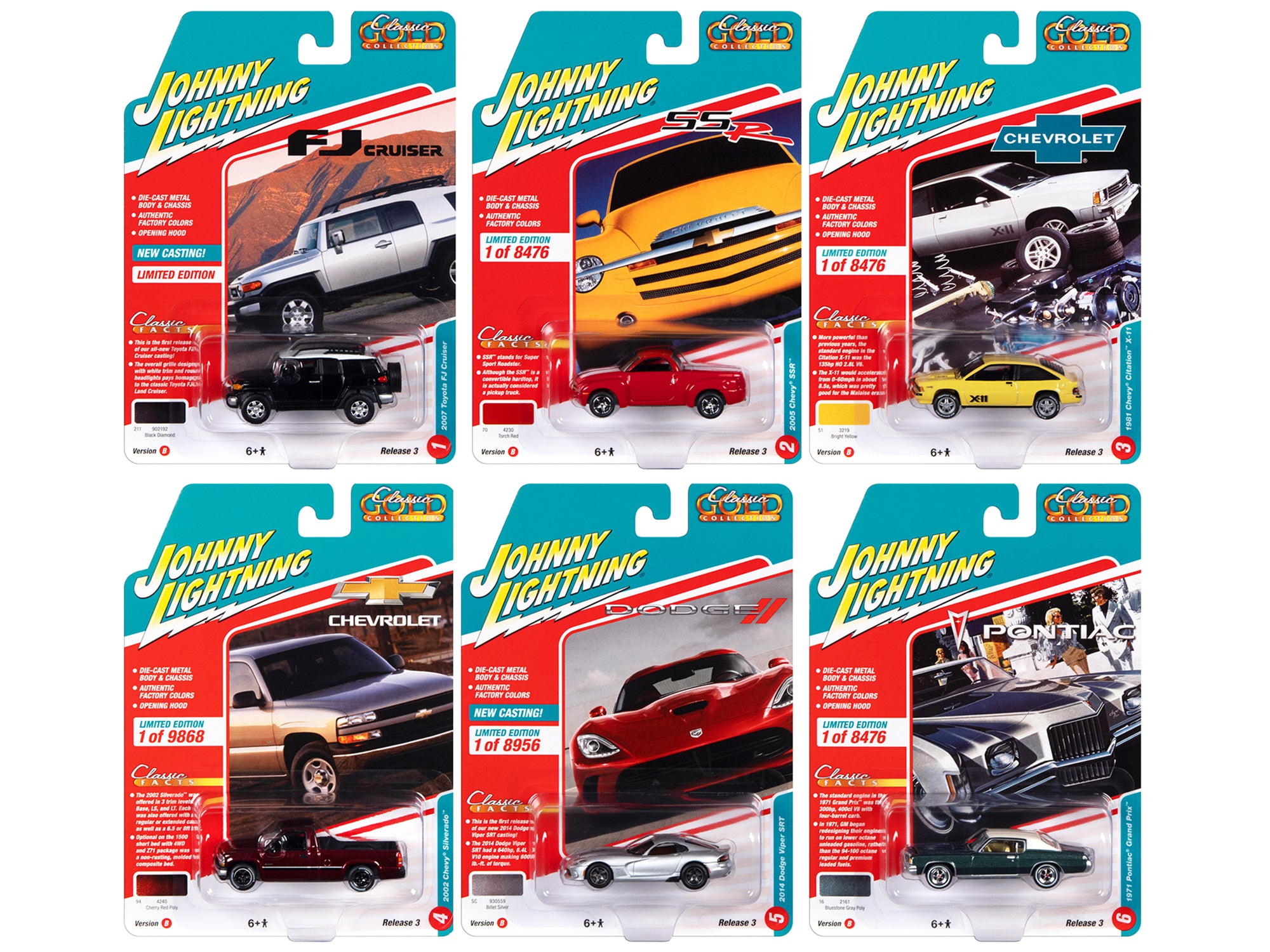"Classic Gold Collection" 2022 Set B of 6 Cars Release 3 1/64 Diecast Model Cars by Johnny Lightning free shipping USA