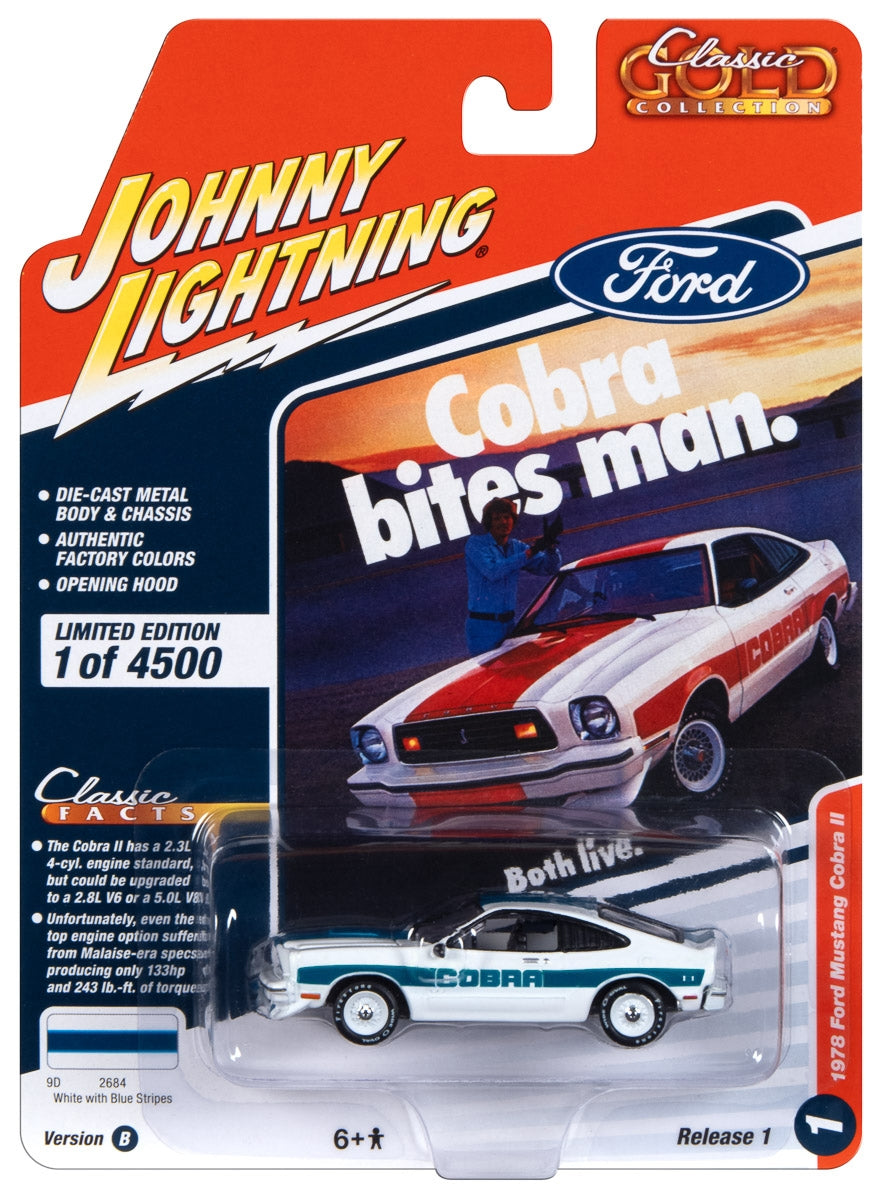 1978 Ford Mustang Cobra II White with Blue Stripes "Classic Gold - Premium Mustang Models from Johnny Lightning - Just $28.79! Shop now at Rapidvehicles