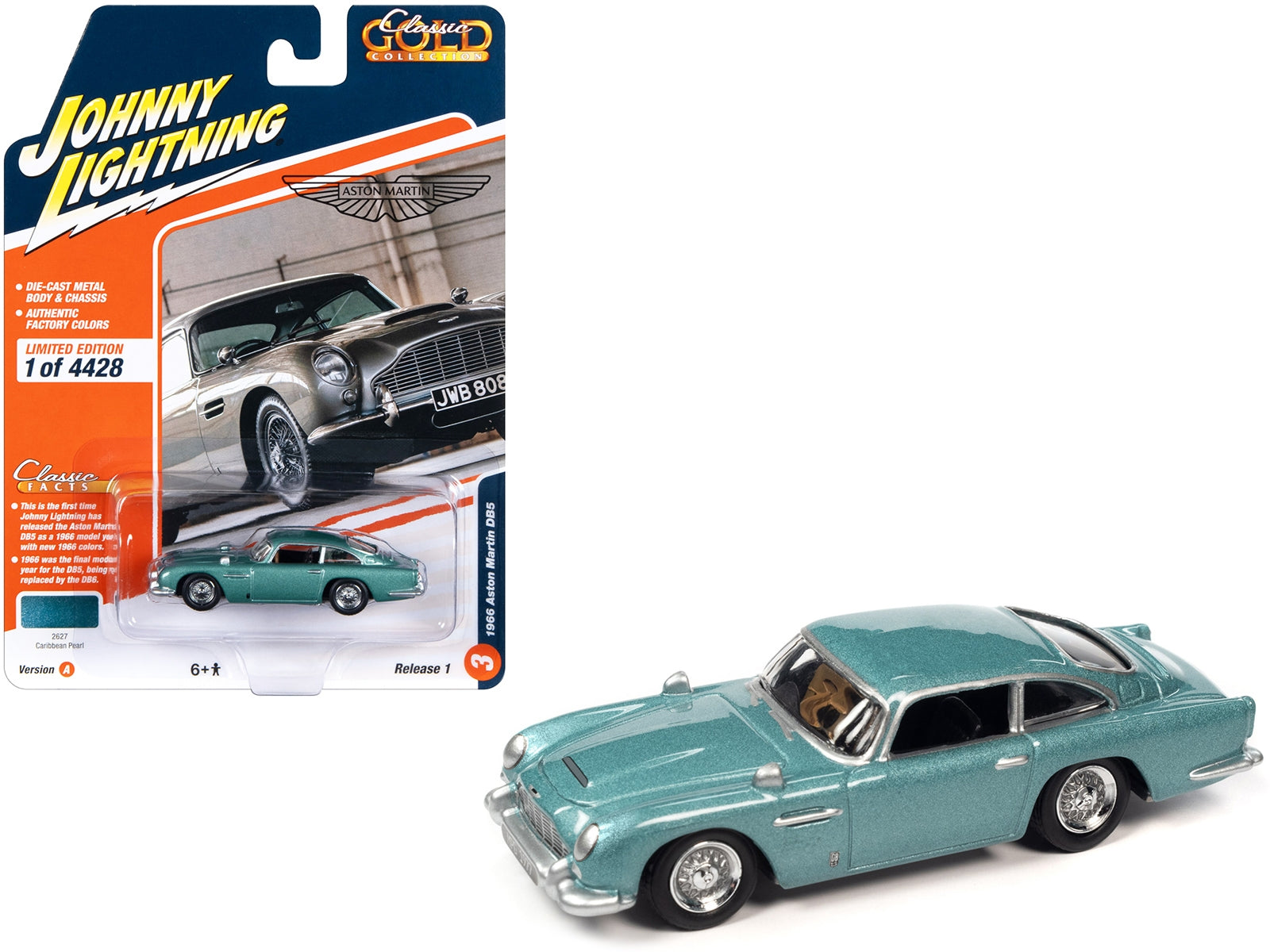 1966 Aston Martin DB5 RHD (Right Hand Drive) Caribbean Pearl Blue Metallic "Classic Gold Collection" 2023 Release 1 Limited Edition to 4428 pieces Worldwide 1/64 Diecast Model Car by Johnny Lightning