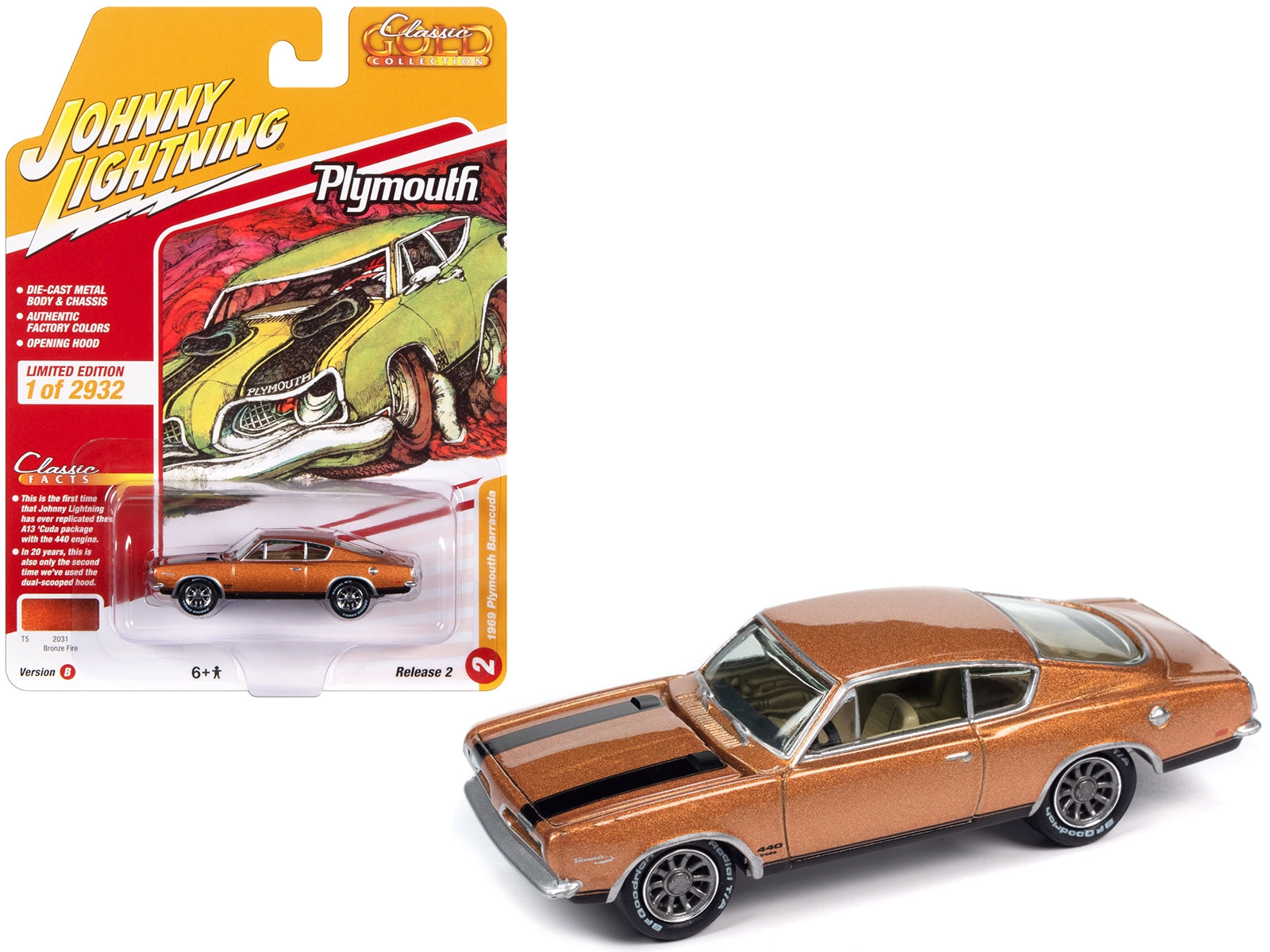 1969 Plymouth Barracuda Bronze Fire Metallic with Black Stripes "Classic Gold Collection" 2023 Release 2 Limited Edition to 2932 pieces Worldwide 1/64 Diecast Model Car by Johnny Lightning - Premium Plymouth Models from Johnny Lightning - Just $25.07! Shop now at Rapidvehicles