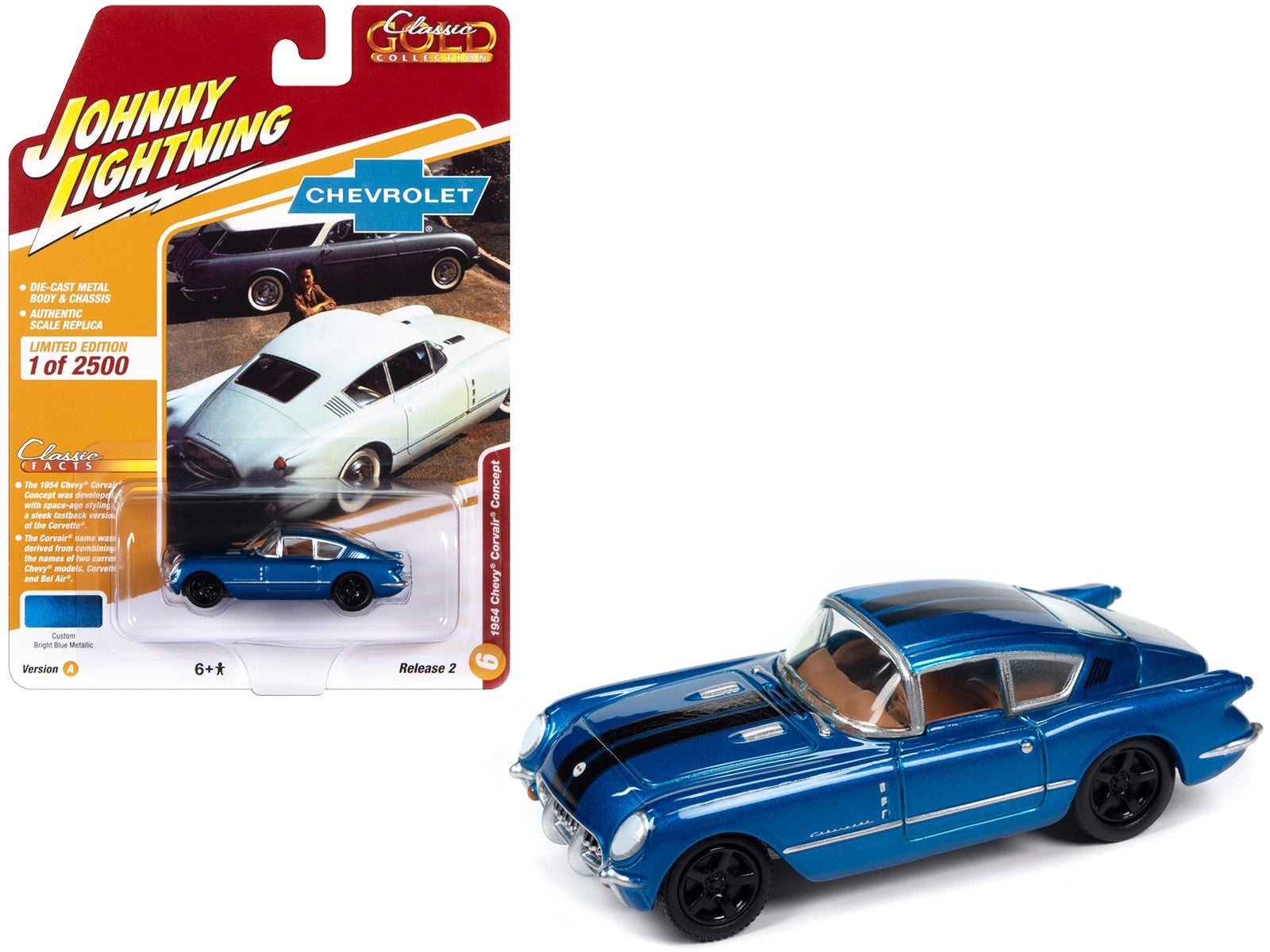 1954 Chevrolet Corvair Concept Car Bright Blue Metallic with Black Stripes "Classic Gold Collection" 2023 Release 2 Limited Edition to 2500 pieces Worldwide 1/64 Diecast Model Car by Johnny Lightning - Premium Chevrolet Models from Johnny Lightning - Just $18.75! Shop now at Rapidvehicles