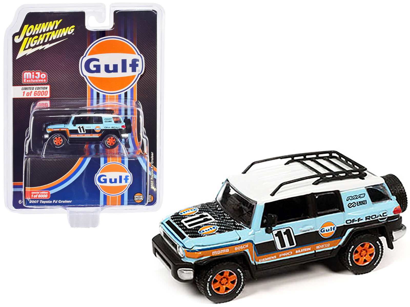 2007 Toyota FJ Cruiser #11 Light Blue "Gulf Oil" with Roofrack Limited Edition to 6000 pieces Worldwide 1/64 Diecast Model Car by Johnny Lightning free shipping USA