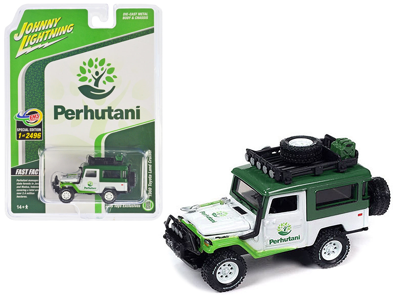 1980 Toyota Land Cruiser White and Green "Perhutani" with Roof - Premium Toyota Models from Johnny Lightning - Just $47.99! Shop now at Rapidvehicles