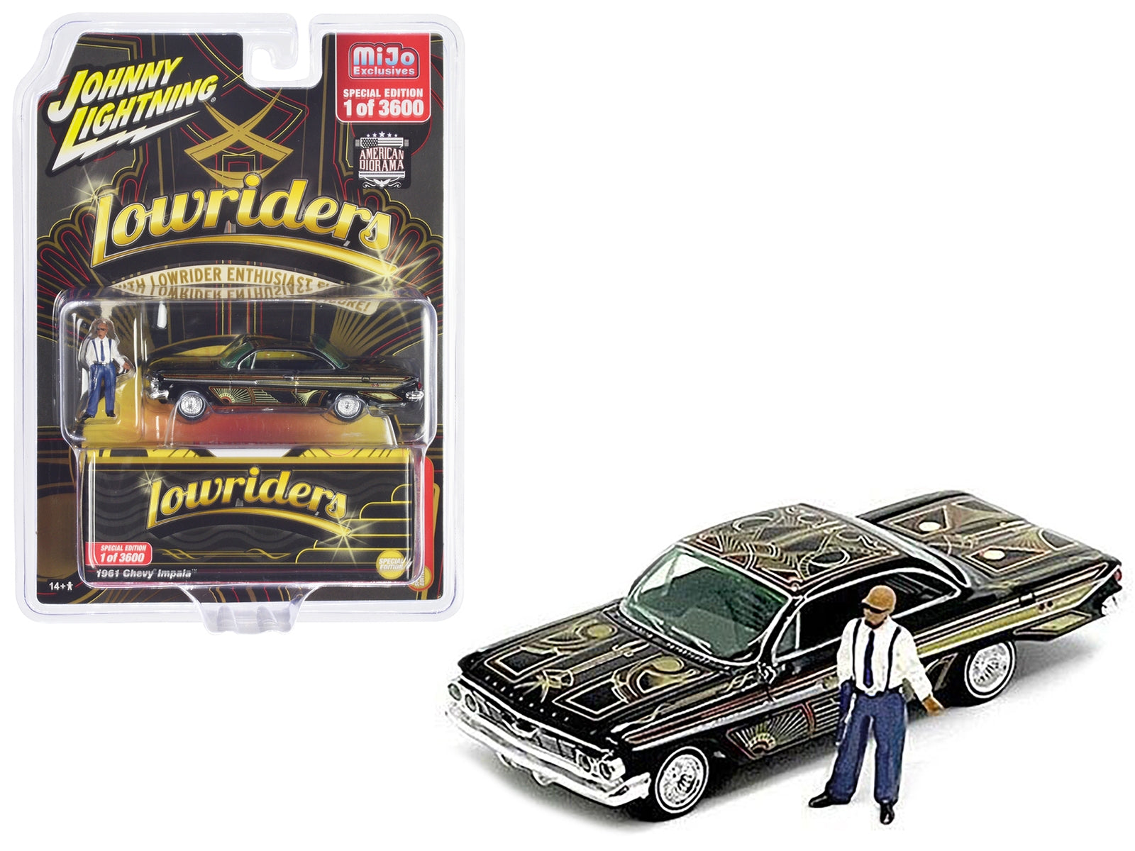 1961 Chevrolet Impala Lowrider Black with Graphics and Diecast Figure Limited Edition to 3600 pieces Worldwide 1/64 Diecast Model Car by Johnny Lightning - Premium Chevrolet Models from Johnny Lightning - Just $34.99! Shop now at Rapidvehicles