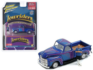 1950 Chevrolet 3100 Pickup Truck Lowrider Blue with Graphics and Diecast Figure Limited Edition to 3600 pieces Worldwide 1/64 Diecast Model Car by Johnny Lightning - Premium  from Johnny Lightning - Just $38.99! Shop now at Rapidvehicles