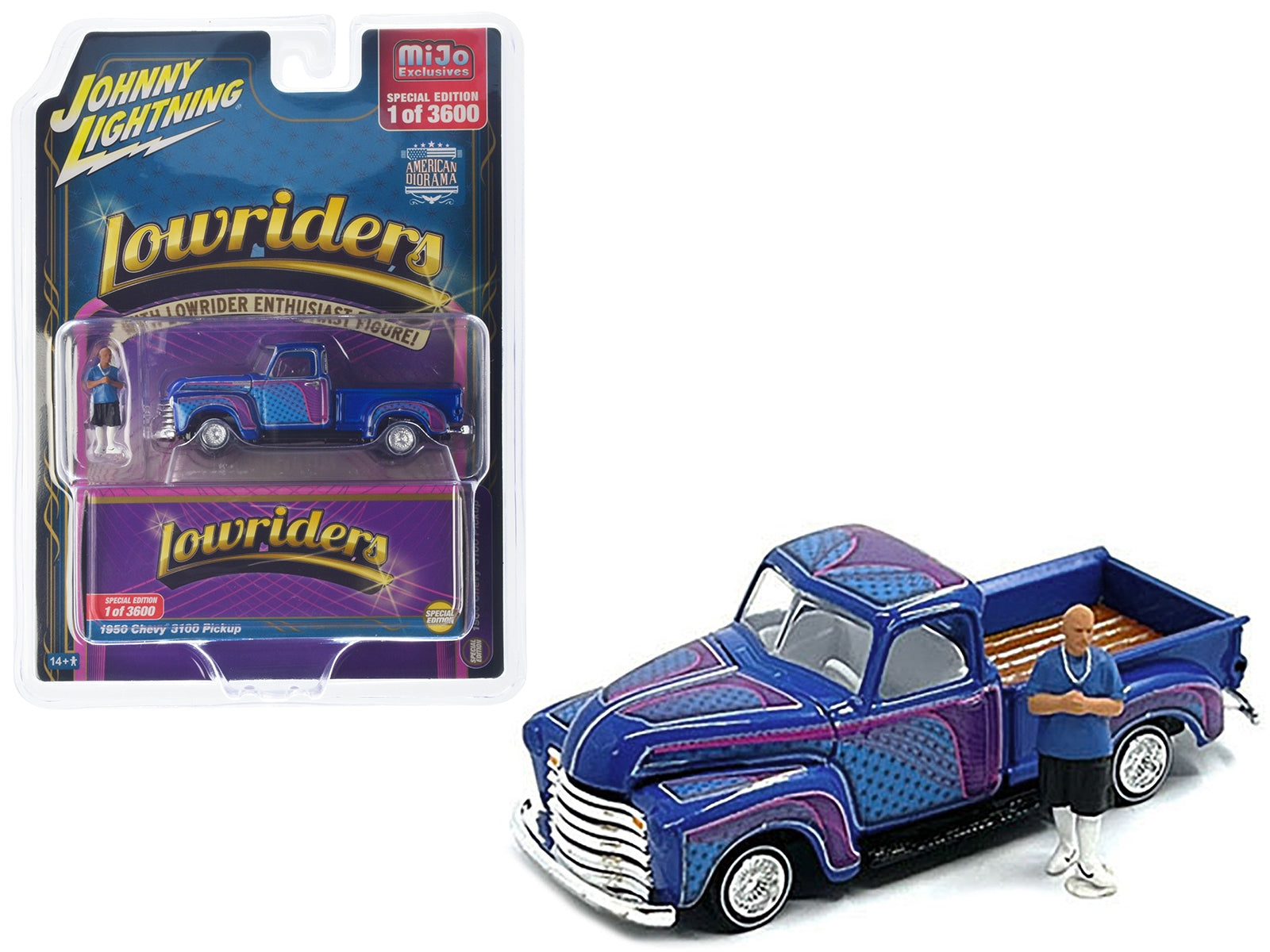 1950 Chevrolet 3100 Pickup Truck Lowrider Blue with Graphics and Diecast Figure Limited Edition to 3600 pieces Worldwide 1/64 Diecast Model Car by Johnny Lightning - Premium Figures from Johnny Lightning - Just $34.99! Shop now at Rapidvehicles