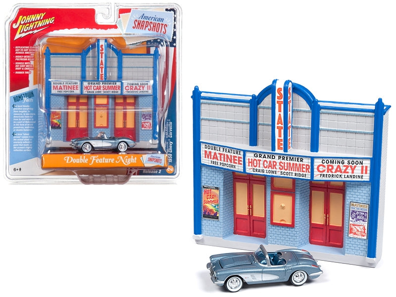 1958 Chevrolet Corvette Convertible Blue and Resin Movie Theater Facade "Double Feature Night" 1/64 Diecast Model by Johnny Lightning - Premium Corvette Models from Johnny Lightning - Just $49.10! Shop now at Rapidvehicles