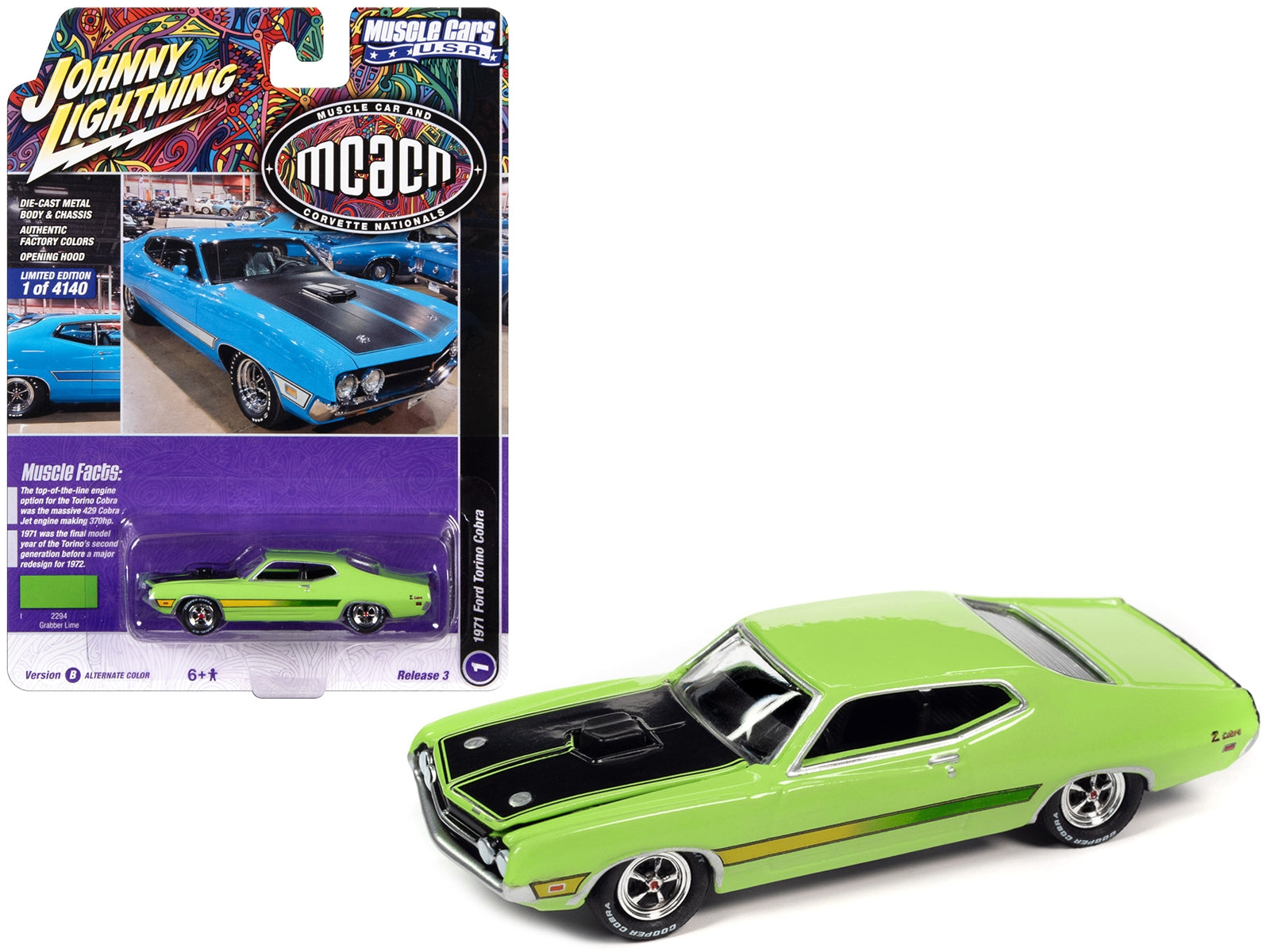 1971 Ford Torino Cobra Grabber Lime Green with Stripes "MCACN - Premium Ford Models from Johnny Lightning - Just $28.79! Shop now at Rapidvehicles