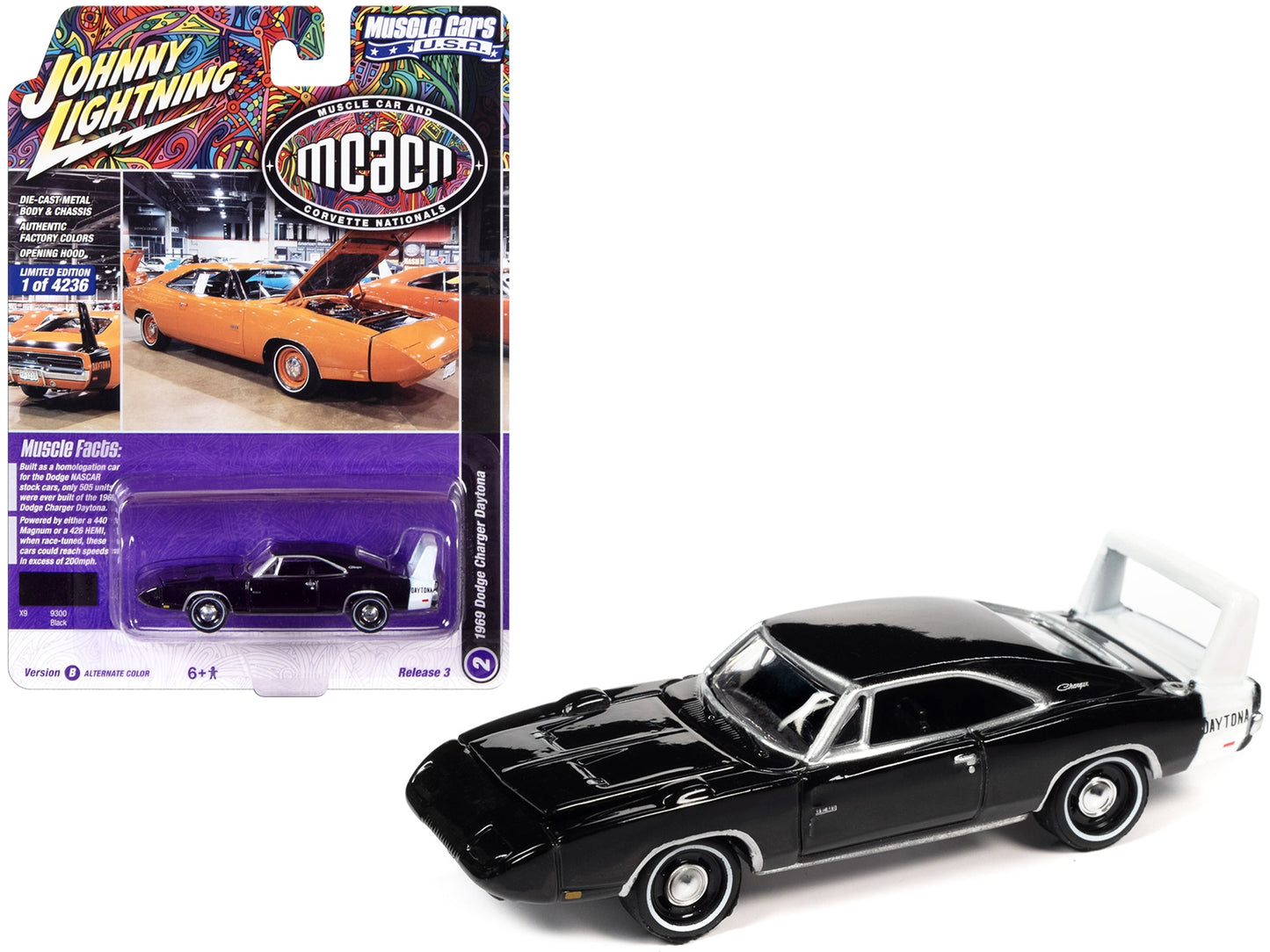 1969 Dodge Charger Daytona Black with White Tail Stripe "MCACN - Premium Dodge Models from Johnny Lightning - Just $28.79! Shop now at Rapidvehicles