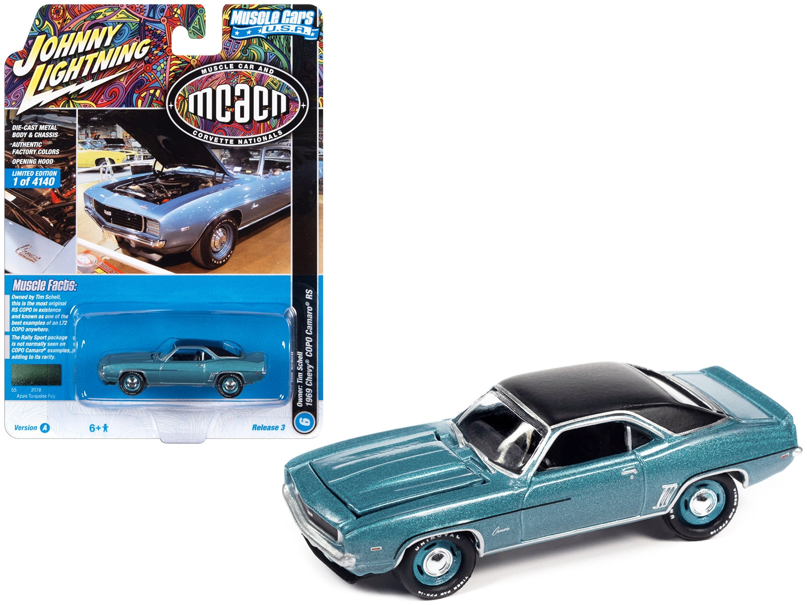 1969 Chevrolet COPO Camaro RS Azure Turquoise Metallic with Black Top "MCACN (Muscle Car and Corvette Nationals)" Limited Edition to 4140 pieces Worldwide "Muscle Cars USA" Series 1/64 Diecast Model Car by Johnny Lightning - Premium Chevrolet Models from Johnny Lightning - Just $25.07! Shop now at Rapidvehicles