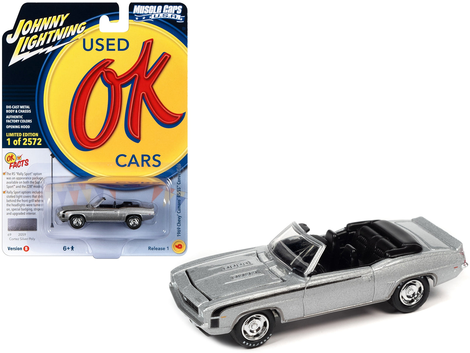 1969 Chevrolet Camaro RS/SS Convertible Cortez Silver Metallic with Black Stripes Limited Edition to 2572 pieces Worldwide "OK Used Cars" 2023 Series 1/64 Diecast Model Car by Johnny Lightning - Premium Chevrolet Models from Johnny Lightning - Just $25.07! Shop now at Rapidvehicles