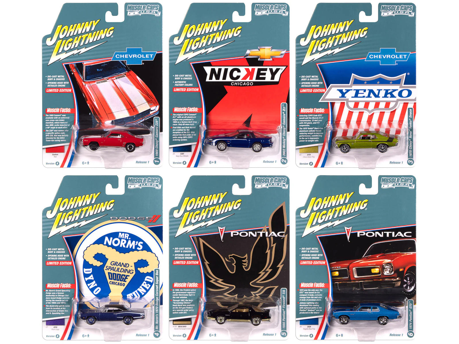 "Muscle Cars USA" 2025 Release 1 Set B of 6 pieces 1/64 Diecast Model Cars by Johnny Lightning free shipping USA