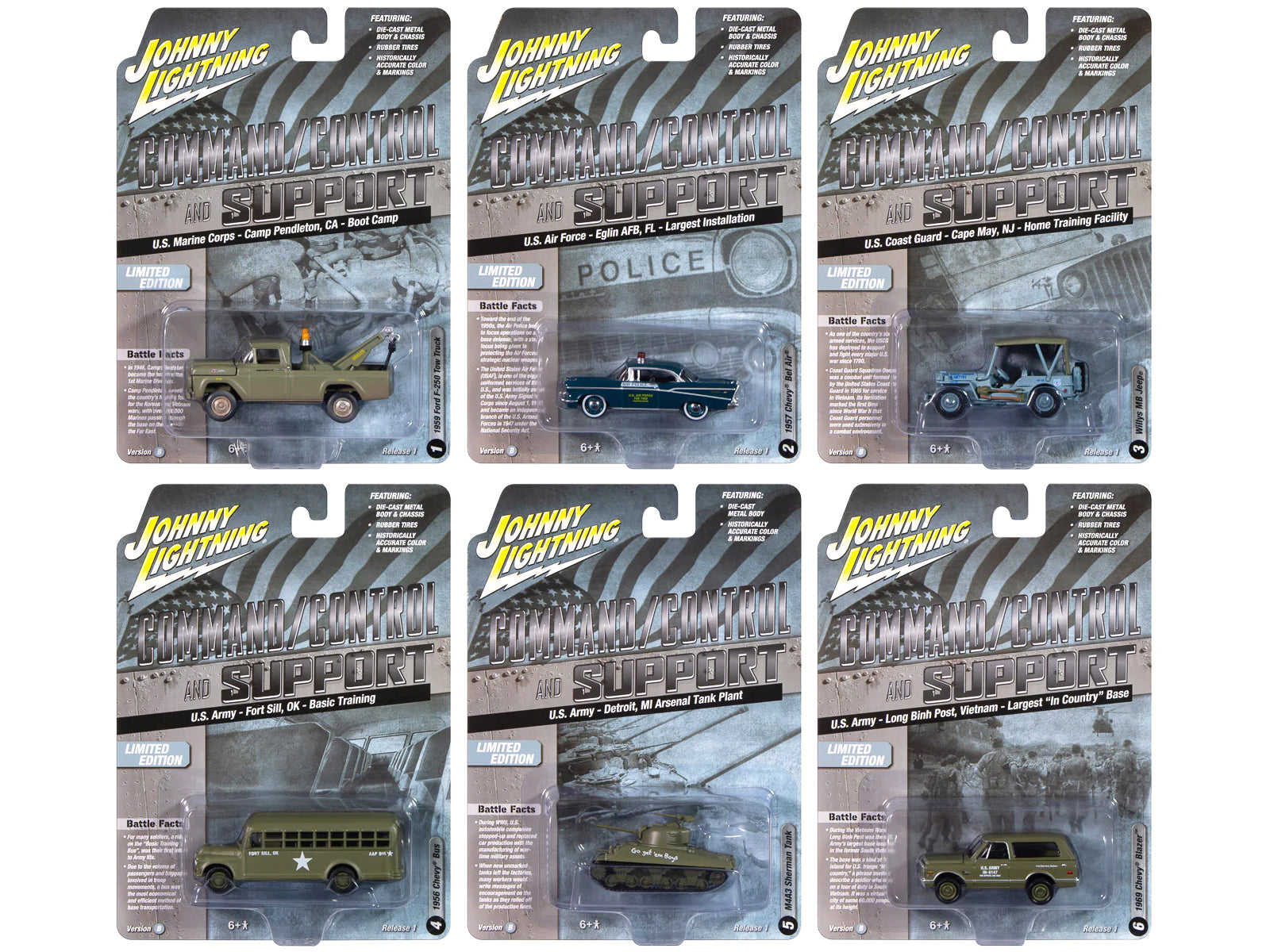 "Military" Set B of 6 pieces 2024 Release 2 Limited Edition Diecast Models by Johnny Lightning free shipping USA